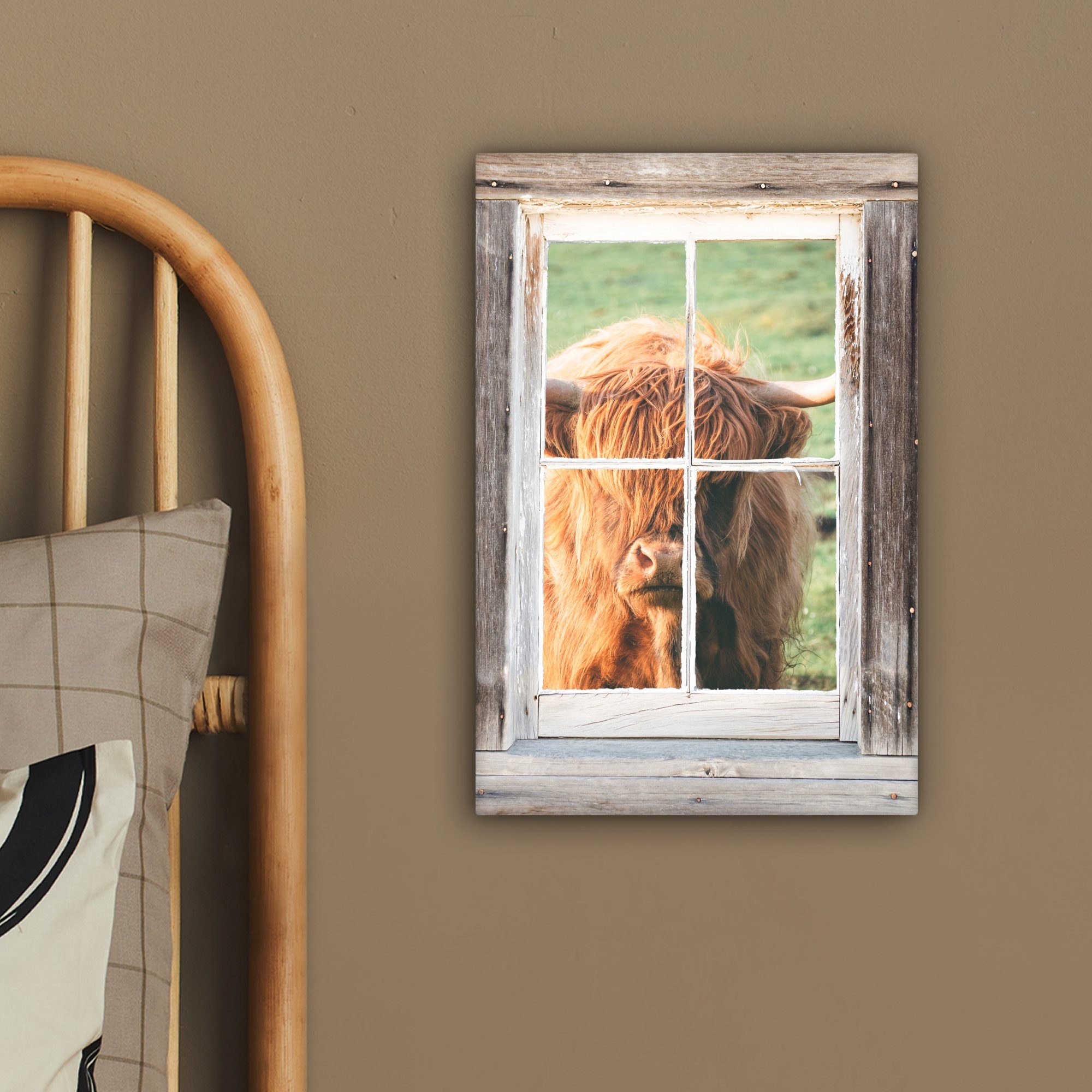 OneMillionCanvasses® Leinwandbild Schottischer Highlander - inkl. Holz Gemälde, Fenster Zackenaufhänger, St), bespannt Ansicht, 20x30 Leinwandbild - fertig (1 - cm