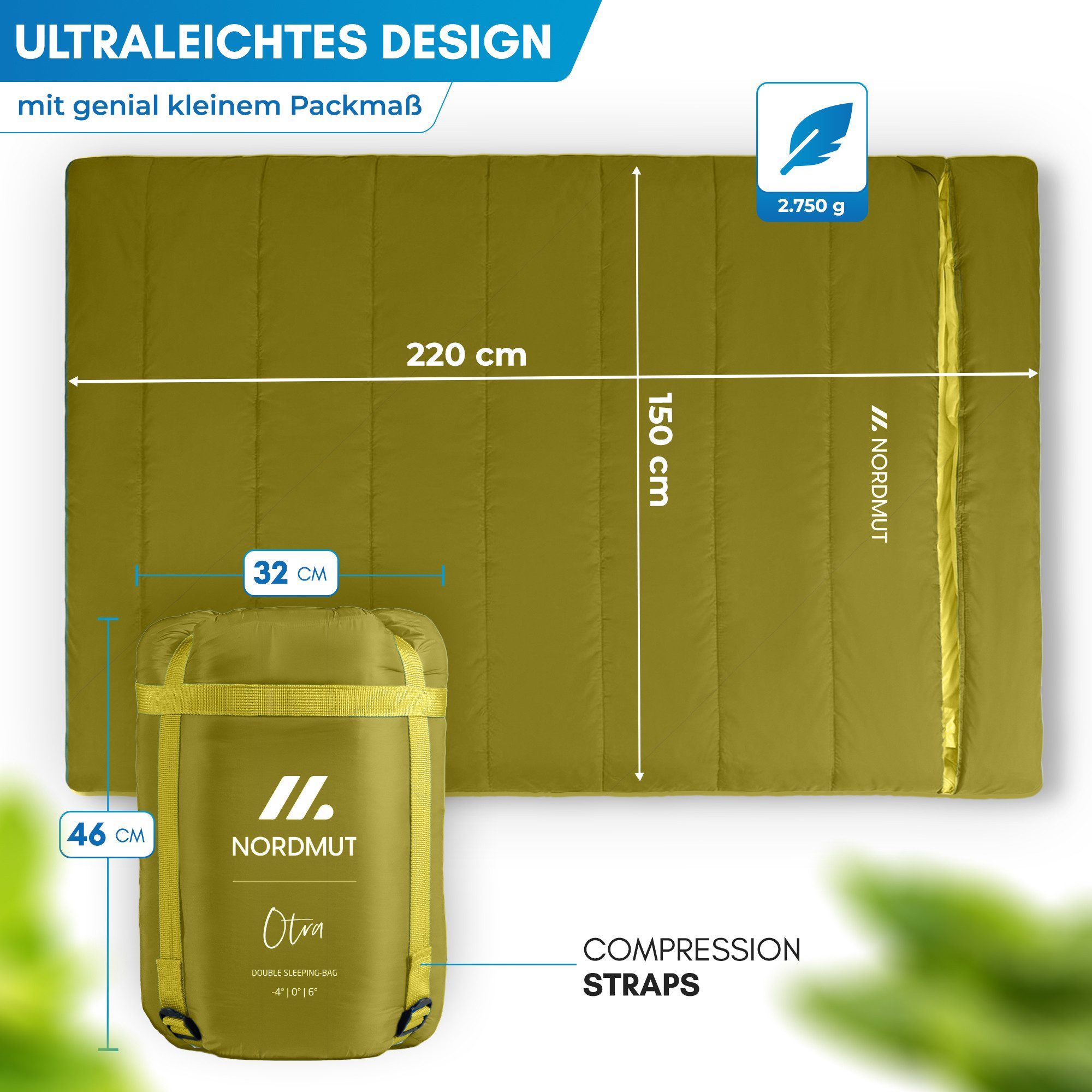 Nordmut Doppelschlafsack Deckenschlafsack XXL 2 Personen Camping Outdoor, warm, koppelbar (Spar-Set, 2 tlg., Nordmut Otra + Kompressionsbeutel), wasserabweisend – Bild 5 von 5