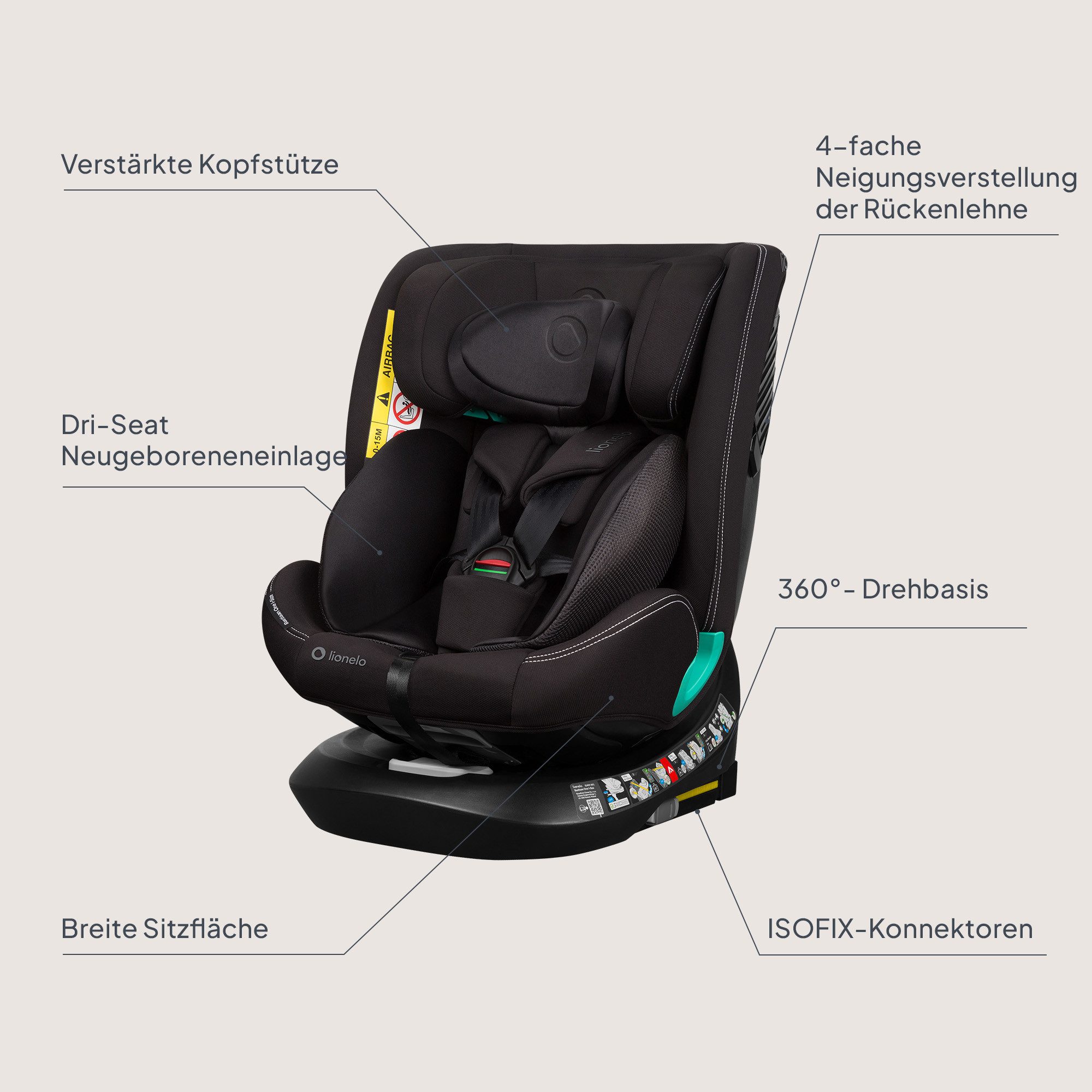 lionelo Autokindersitz BASTIAAN ONE i-SIZE, ab: ab Geburt, bis: 12 Jahren, ab: 40,00 cm, bis: 150,00 cm, (Set), 4 in 1/i-Size/Dri-Seat/360 Grad/0-36kg