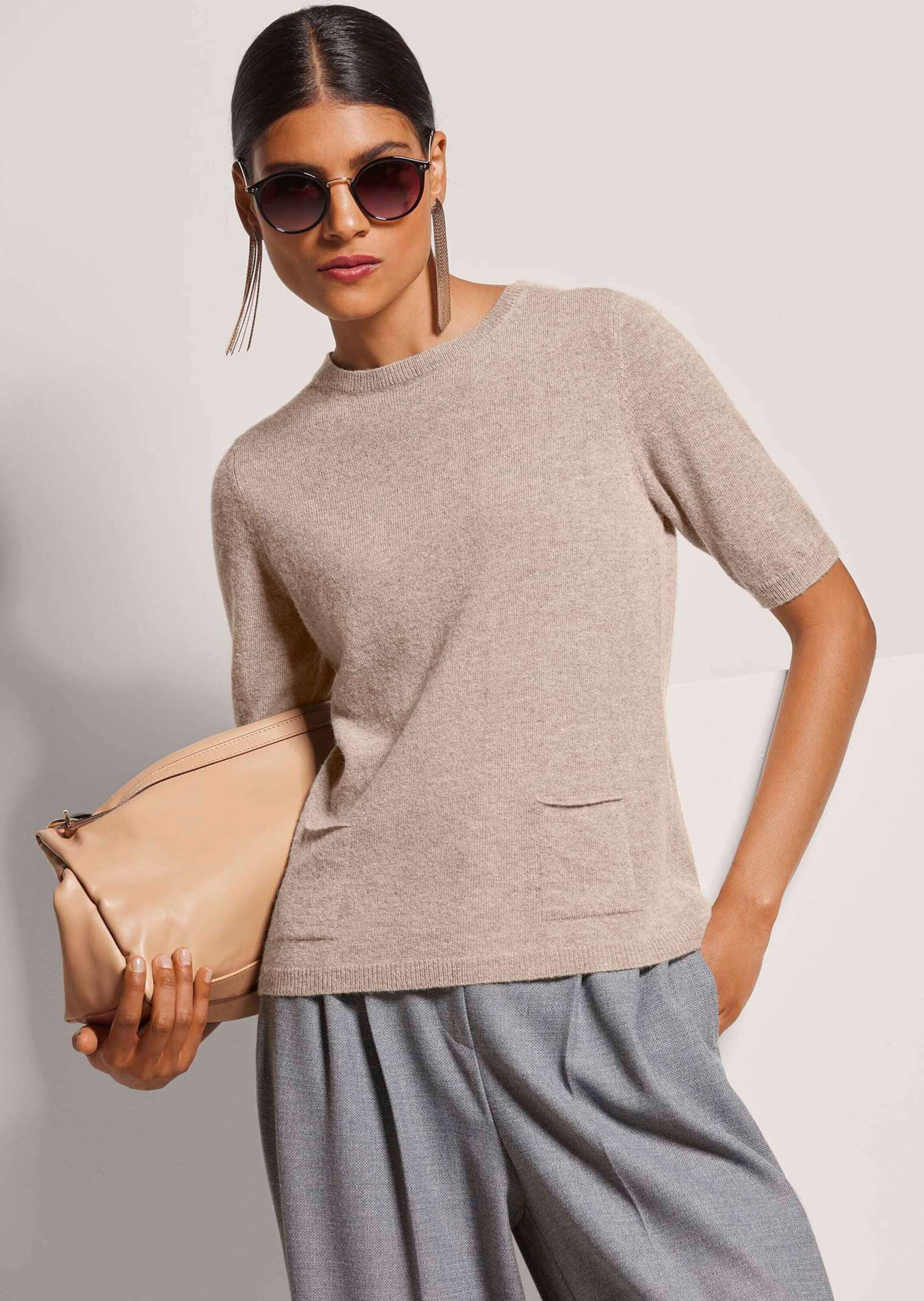 MADELEINE Strickpullover Feinstrickpullover mit Kaschmiranteil Rundhals Pullover mit kurzen Armen, Taschen, Kaschmir
