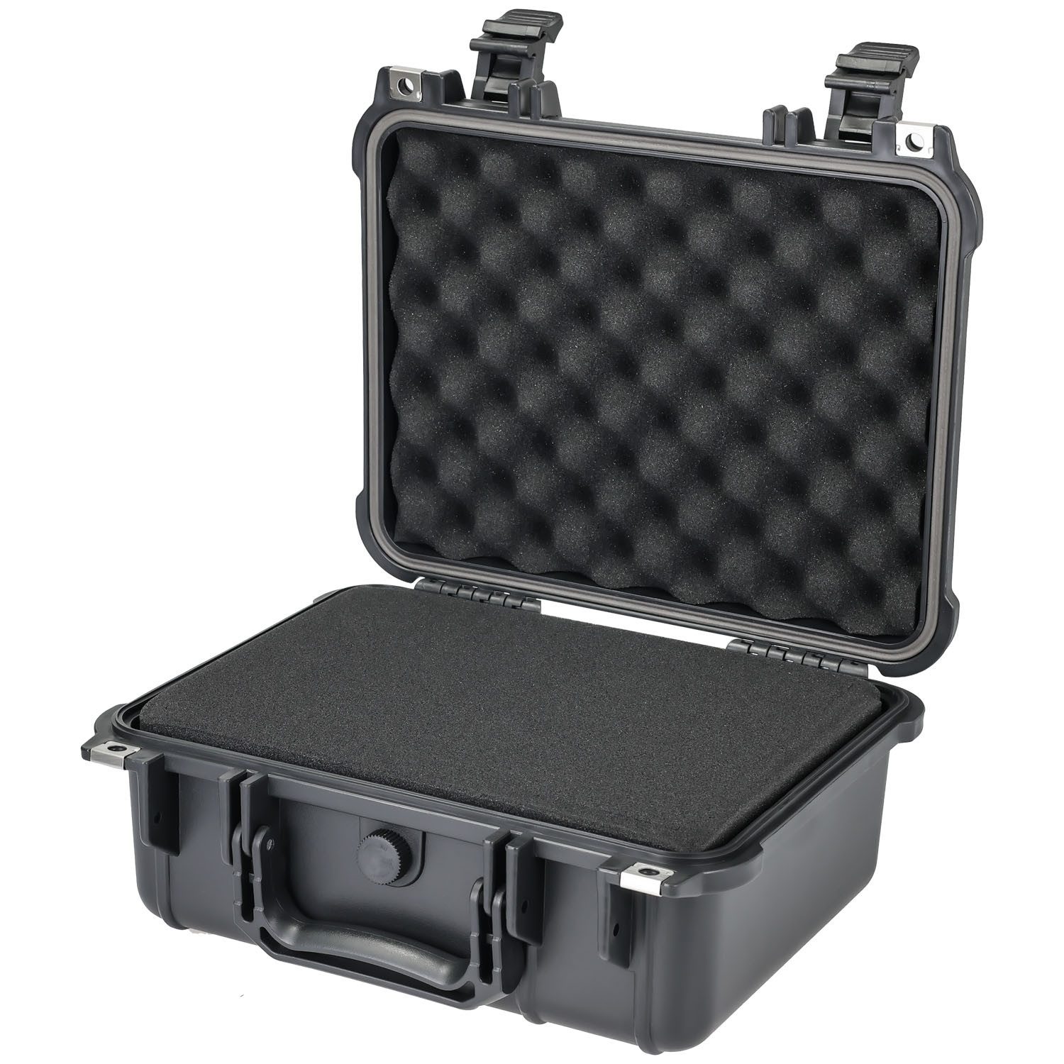 HMF Werkzeugkoffer ODK100 Outdoorkoffer mit Druckausgleichsventil und Rasterschaumstoff, Outdoor-Koffer wasserdicht und staubdicht, 34 x 29,5 x15,5 cm, schwarz
