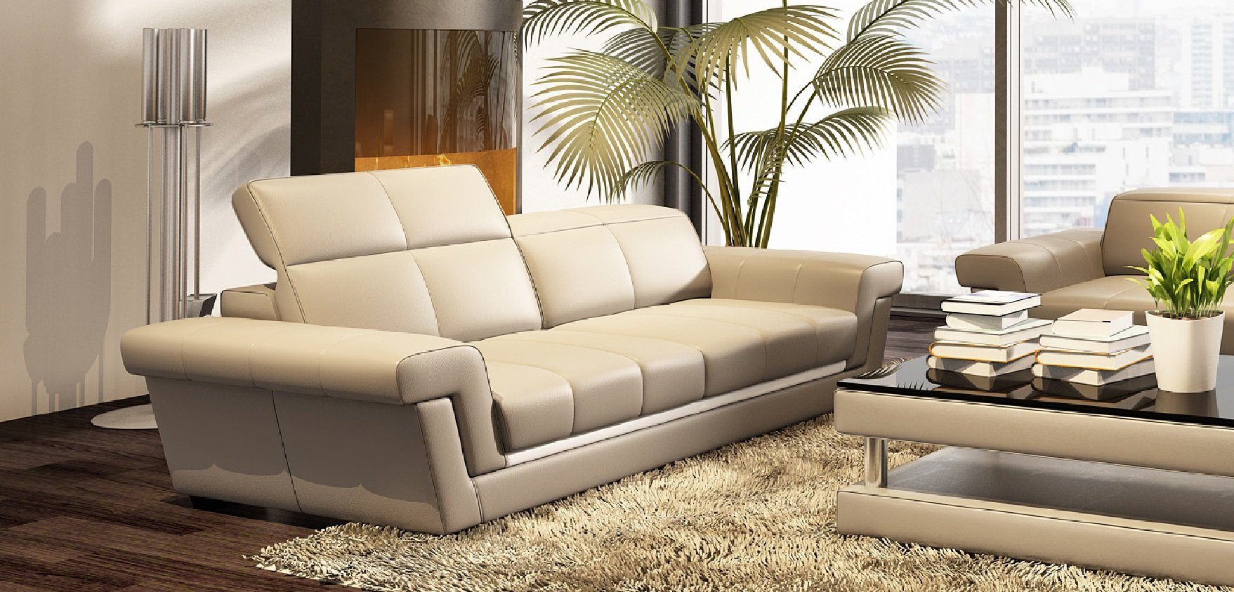 JVmoebel Sofa Beiger Ledersofa Wohnlandschaft luxus Polstermöbel Neu Design, Made in Europe