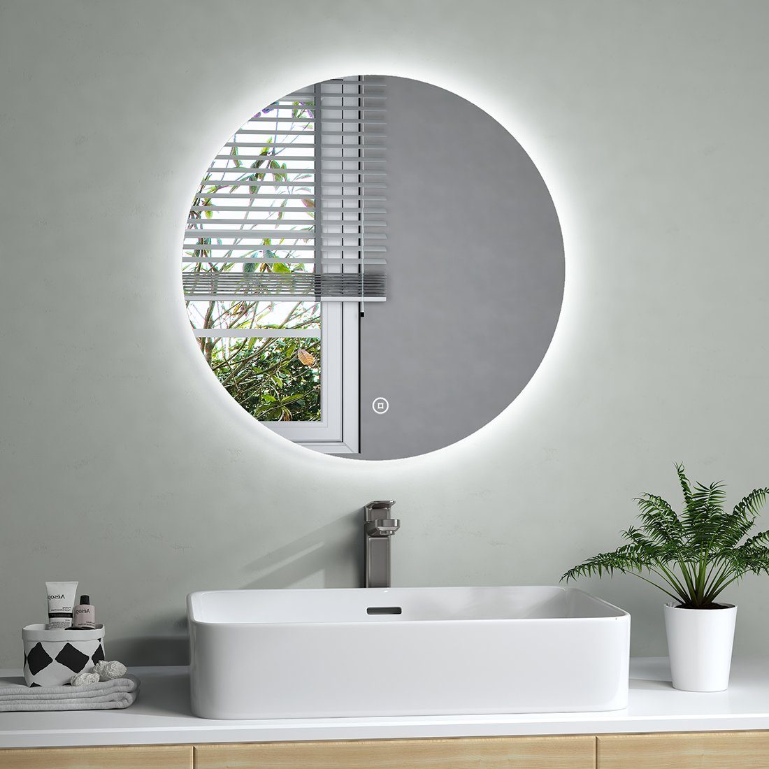 S'AFIELINA Badspiegel Runder Badezimmerspiegel mit Kaltweiß Licht und Berührungsschalter, Touch Schalter,Kaltweiß 6500K,IP44