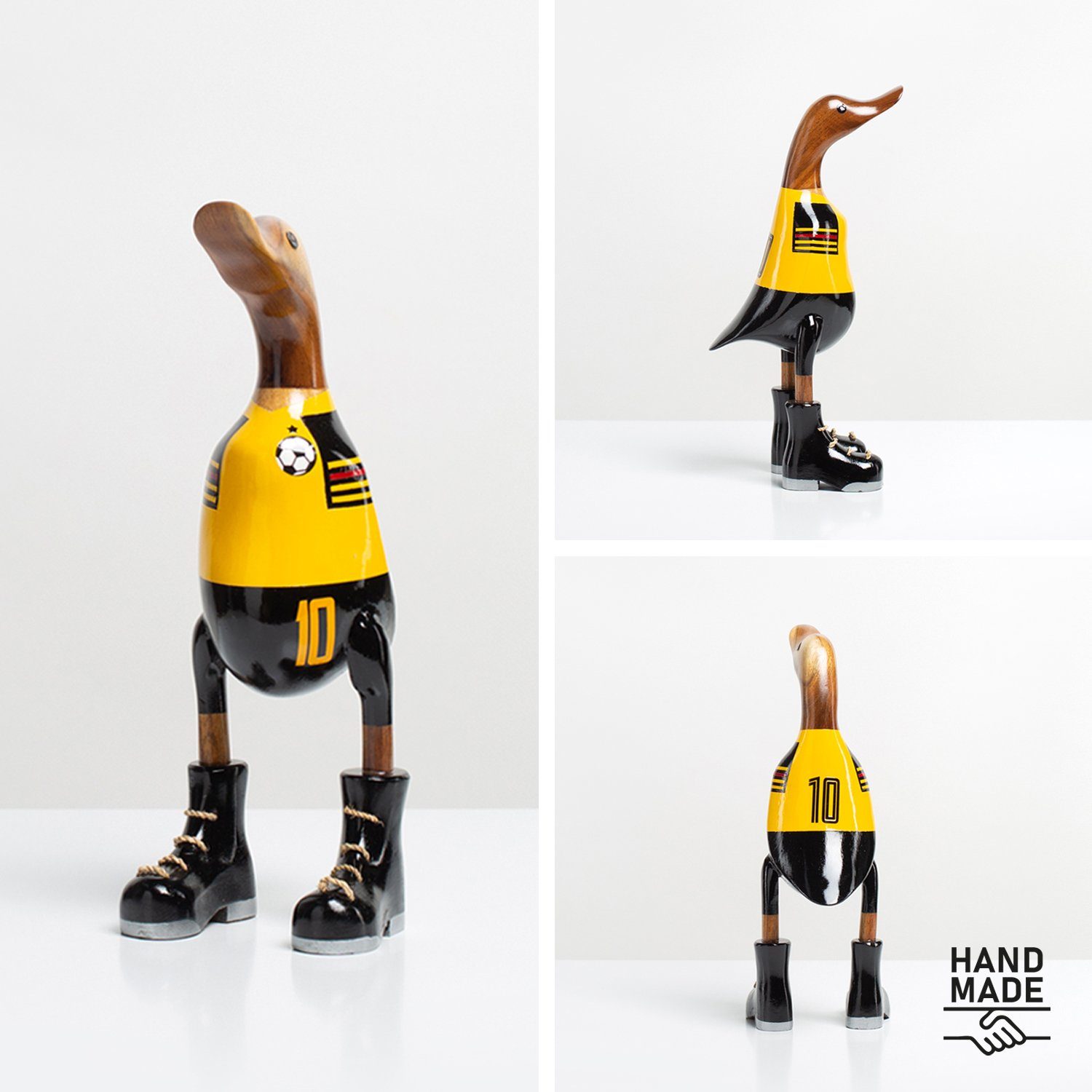 DomDeco Dekofigur Handgefertigte Deko-Figur aus Holz Fußballer Gelb "Ente-Sportler"