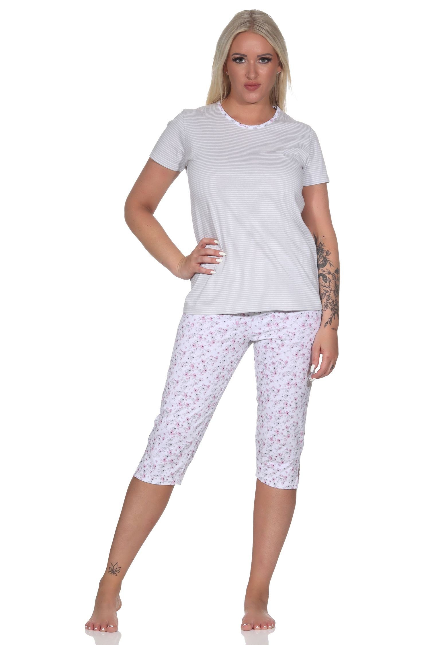 Normann Pyjama Floraler mit Schlafanzug Streifen, Damen 3/4 Capri & grau Hose Rundhals