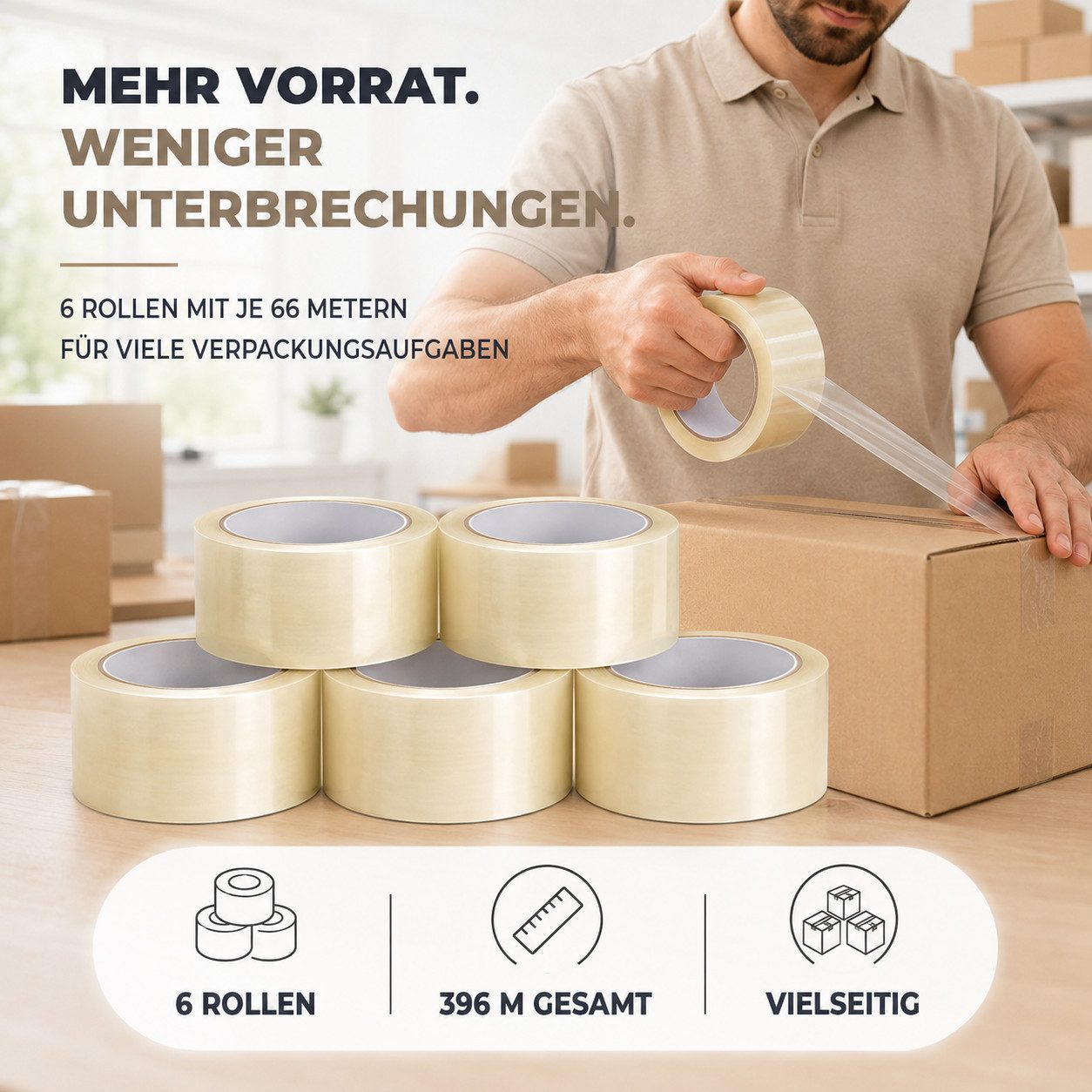 TK Gruppe Klebeband 6 Rollen transparentes Paketband, je 66 m, insgesamt 396 m (6-St., Set) – Bild 4 von 5
