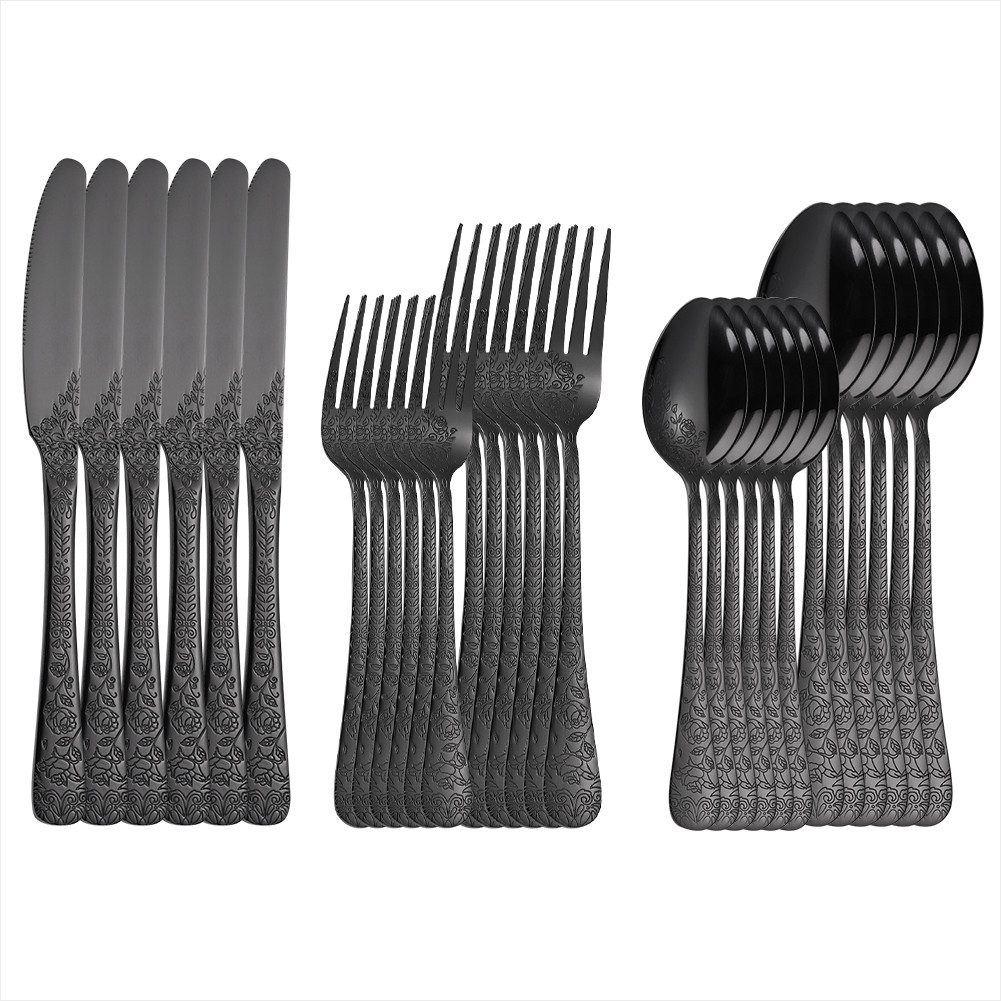 KEENZO Besteck-Set 30 teilig Schwarz Essbesteck Set für 6 Personen florale Muster Griff (30-tlg), 6 Personen, Edelstahl