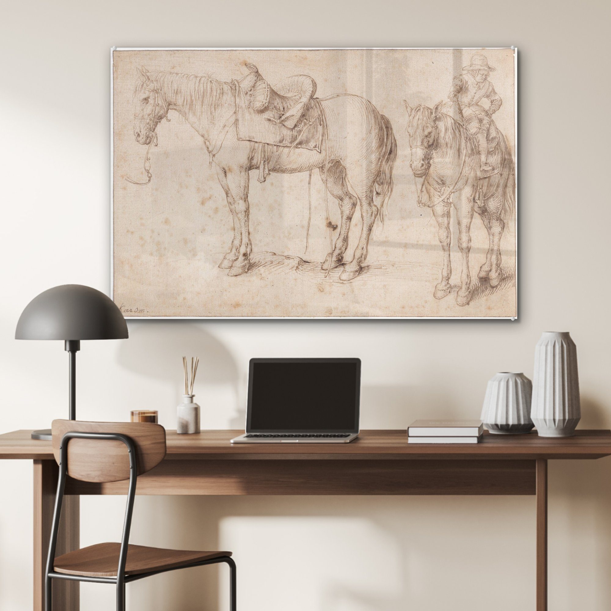Studien - eines Acrylglasbilder Pferdes Gemälde MuchoWow St), Acrylglasbild von Zwei de Gheyn Jacob Wohnzimmer gesattelten (1 Schlafzimmer & II,