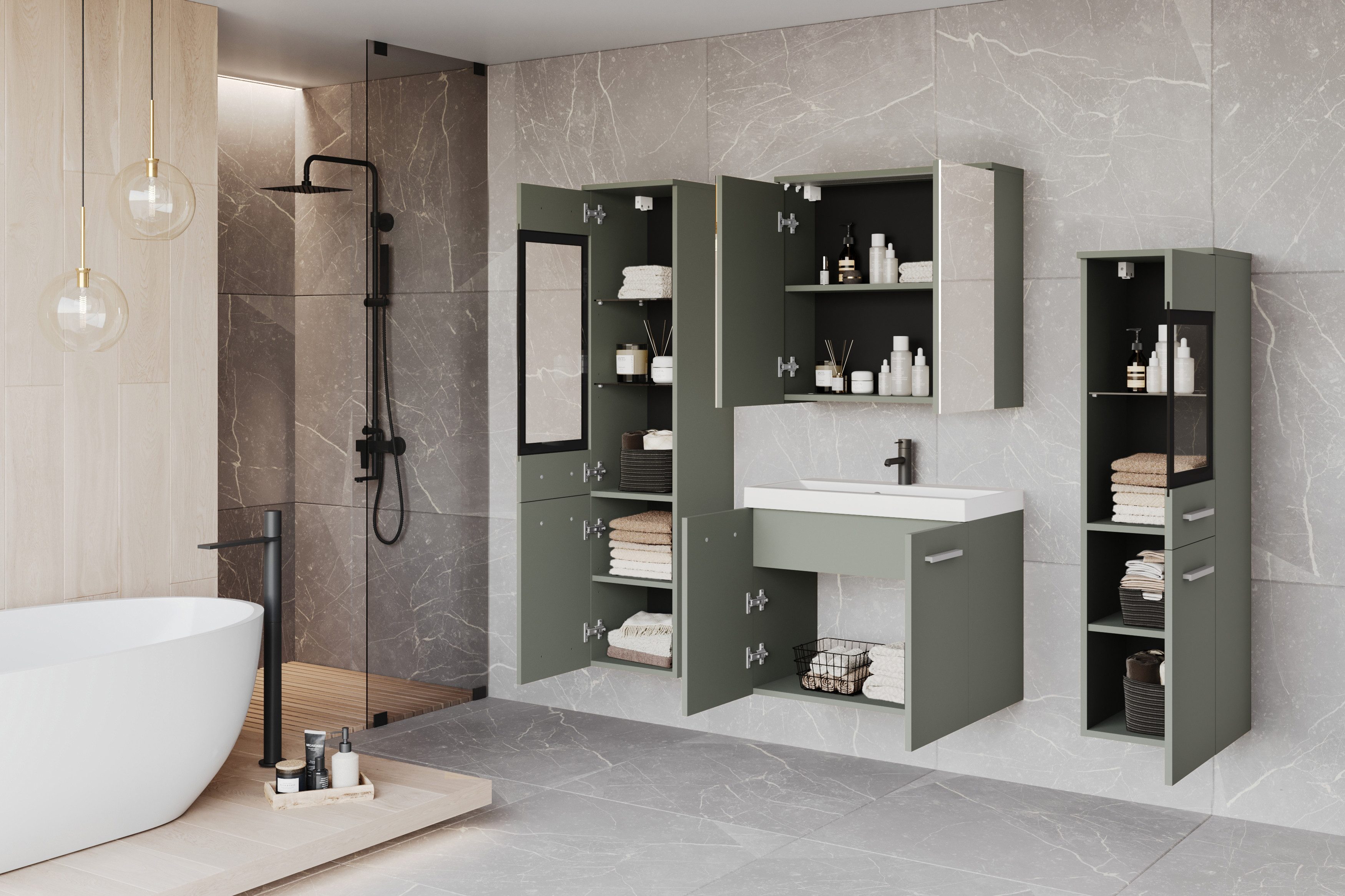 welltime Badmöbel-Set MADRIT II, Schrank mit Waschbecken, 2 Hänger, Spiegelschrank, (Komplett-Set, 5-St), Hängende Badmöbel mit Glaseinsätzen – in vielen Farben erhältlich