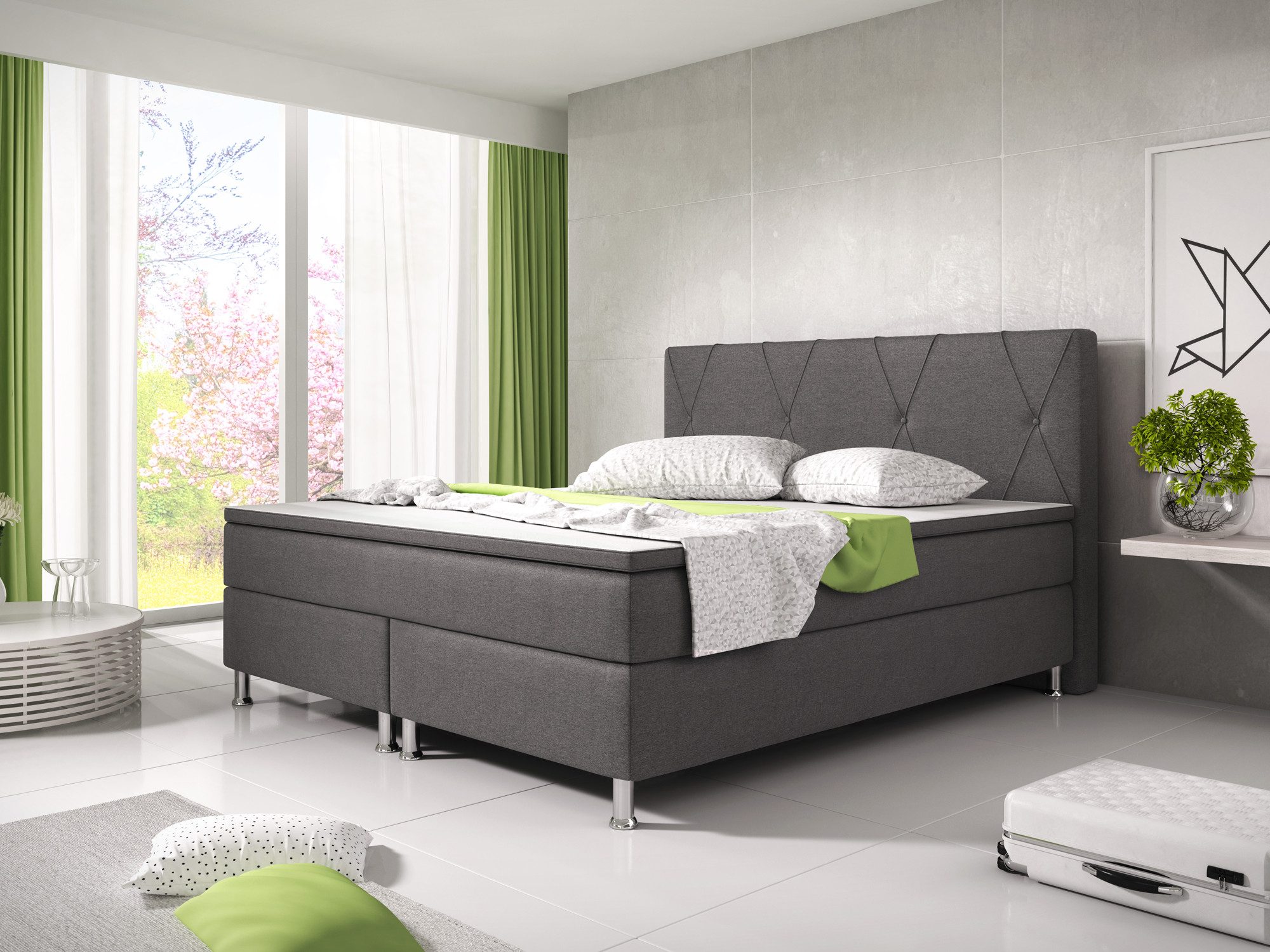 inter Boxspringbett B1 180x200 cm – Webstoff inkl. PU-Topper – Taschenfederkern H3, inkl. Topper, Härtegrad H3, Taschenfederkern