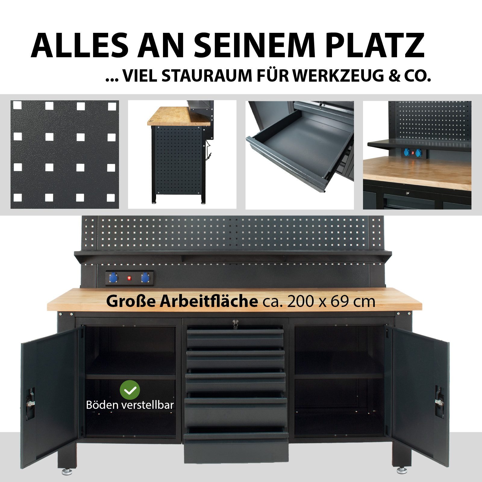 TRUTZHOLM Werkstatt-Set Werkstattwand Profiline XL 200 x 73 cm Stahl massive Holzarbeitsplatte, (1-tlg), Robuster Stahlkorpus,massive Holzarbeitsplatte,Oberbeleuchtung