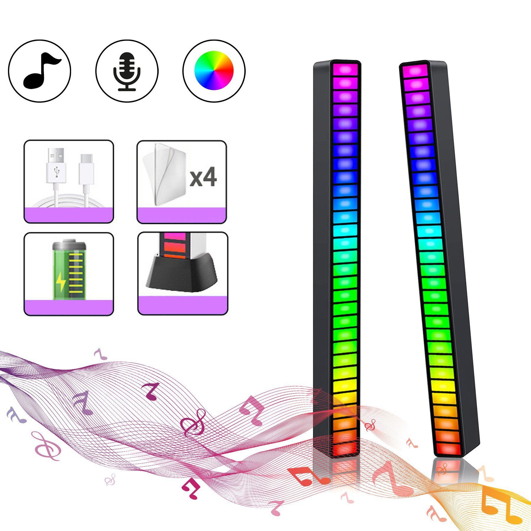 feinlux Lichtleiste Rhythm Light Atmosphere RGB Musik Licht, LED fest integriert, Farbwechsler, für Auto/Schreibtisch/Spiele/Outdoor-Partys/Umgebungslicht 2 St.