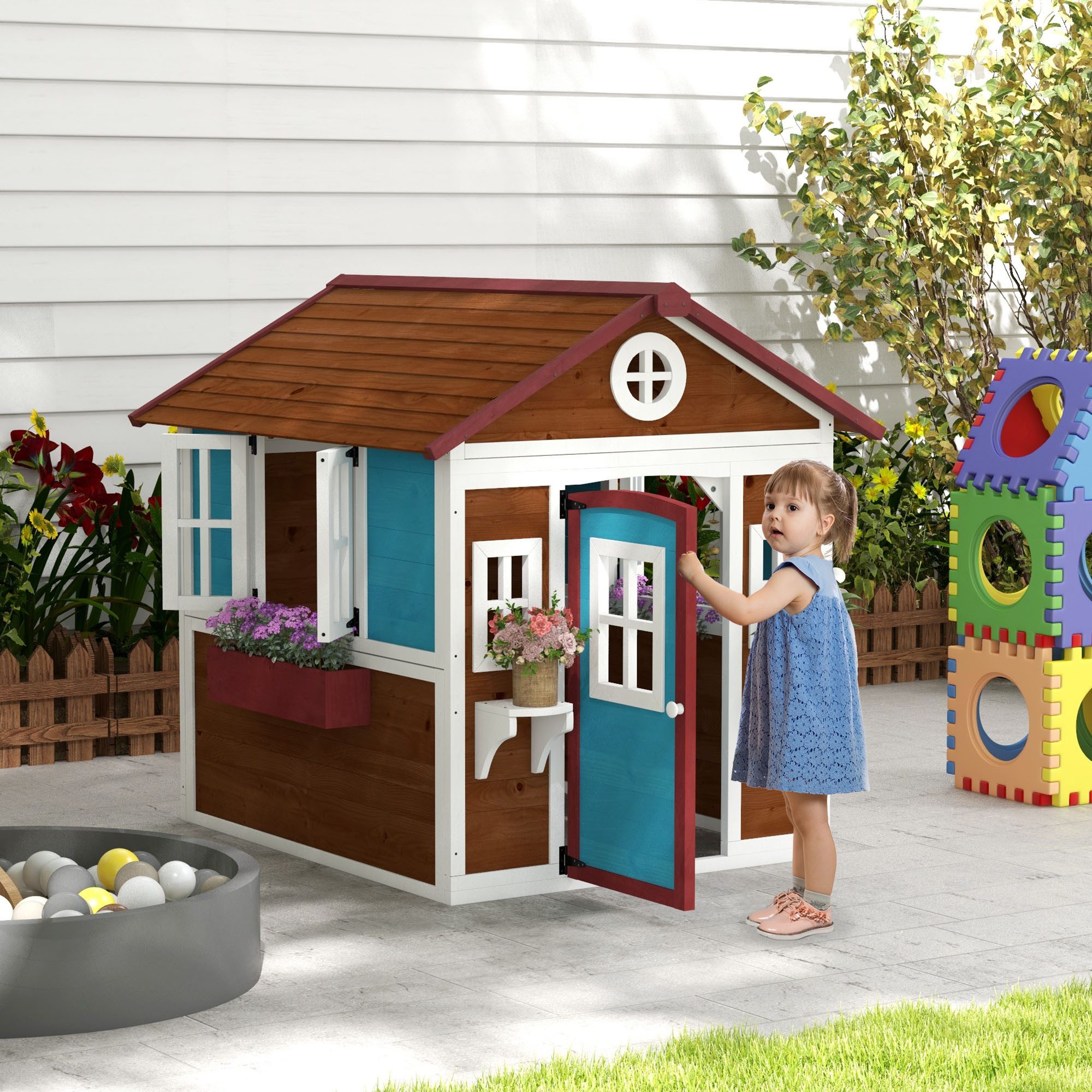 Spielhaus Kinderspielhaus aus Holz mit Fenster, Blumenregal, Pflanzenkasten, Tür