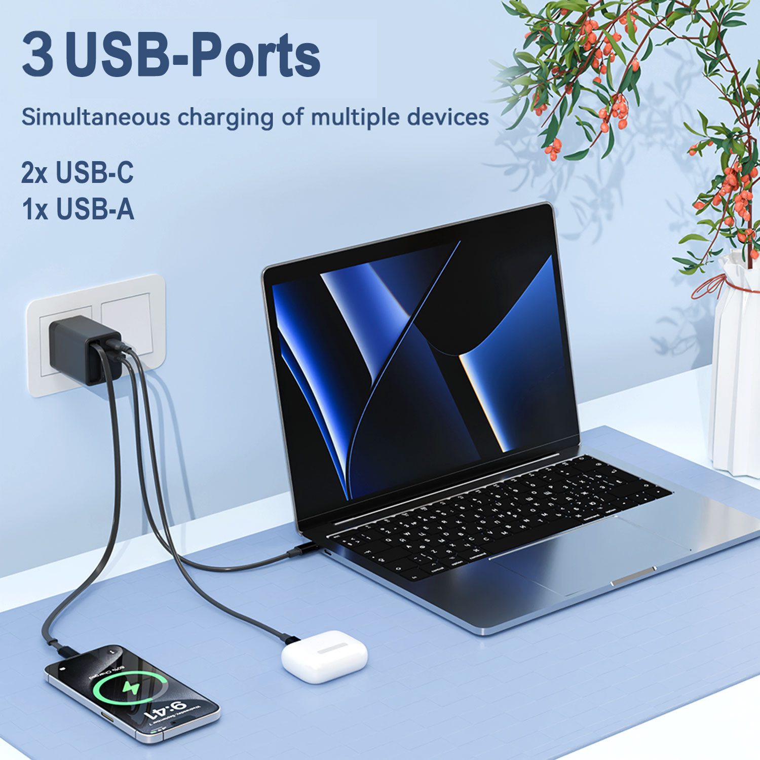 keepdrum keepdrum USB-Schnell-Ladegerät GaN65 3 Anschlüsse 65 Watt Ladestation (Fast-Charger, Leistungsstarkes USB-Ladegerät für 3 Geräte)