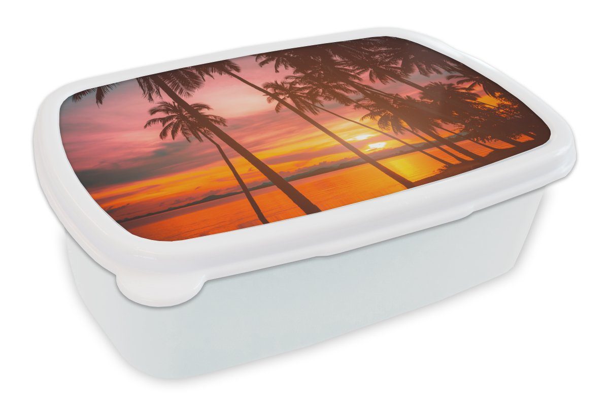 Lunchbox - Erwachsene, Palme Mädchen und Jungs Meer - weiß für - Kunststoff, (2-tlg), Brotbox Kinder Brotdose, Sonnenuntergang MuchoWow Strand für und Silhouette, -