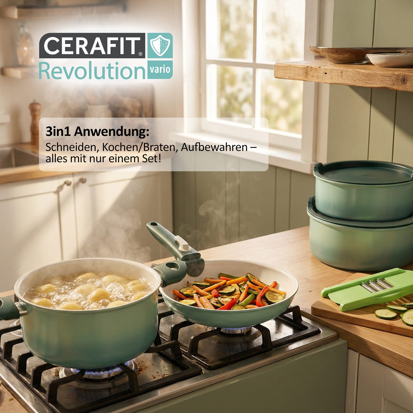 Genius Pfannen-Set Cerafit Revolution Vario Kochgeschirr, (27-teiliges - Set, All-in-One Kochset für maximale Vielseitigkeit), Platzsparend stapelbar mit abnehmbaren Griffen