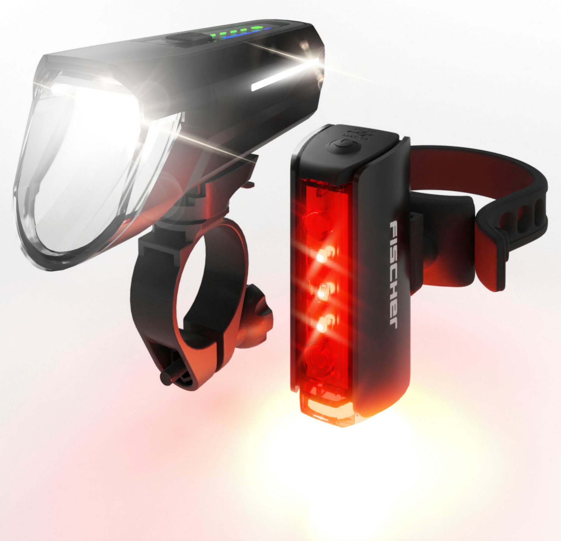 FISCHER Fahrrad Fahrradbeleuchtung LED-Akku-Bel. Set PLUS 110 + TWIN STOP