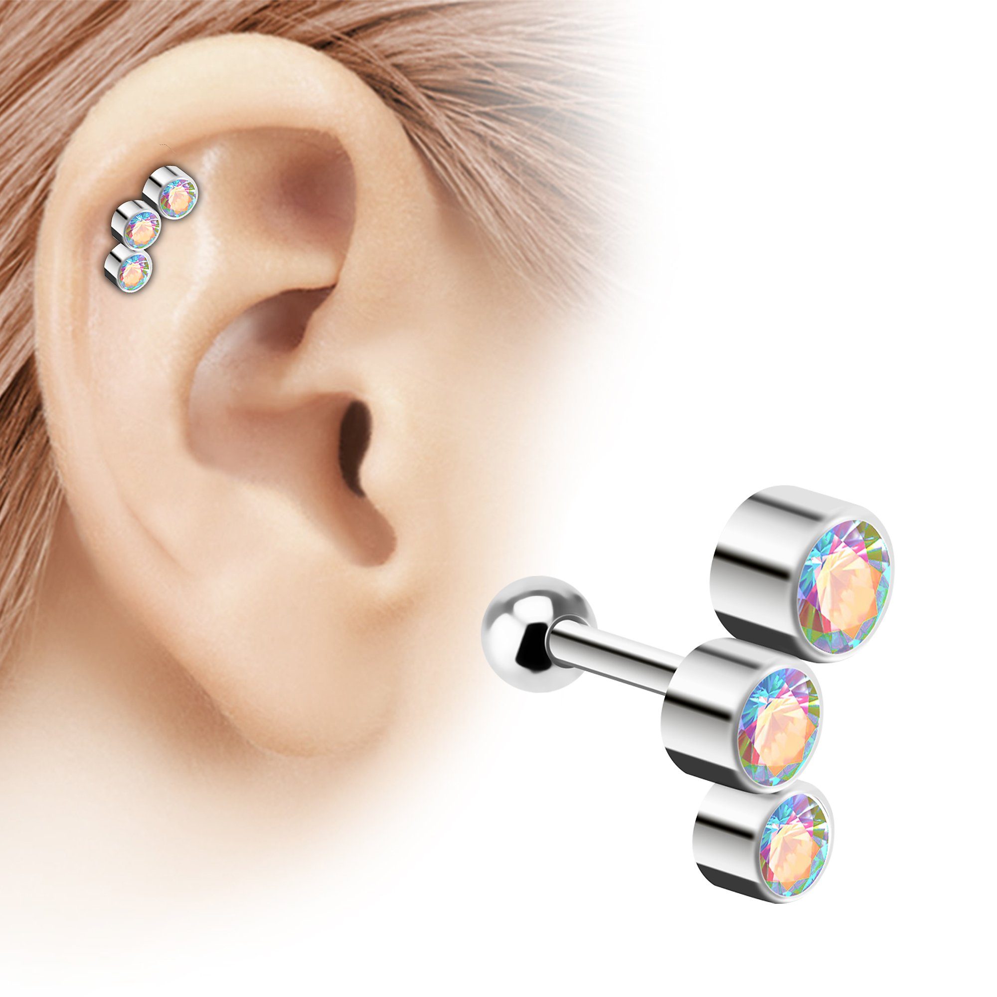 Ohrpiercing Barbell Stab Kristall bunt Triple Knorpel Piercing Stecker Ohr Taffstyle Kugeln, Ohr Glitzer Tragus Cartilage Helix Piercing-Set