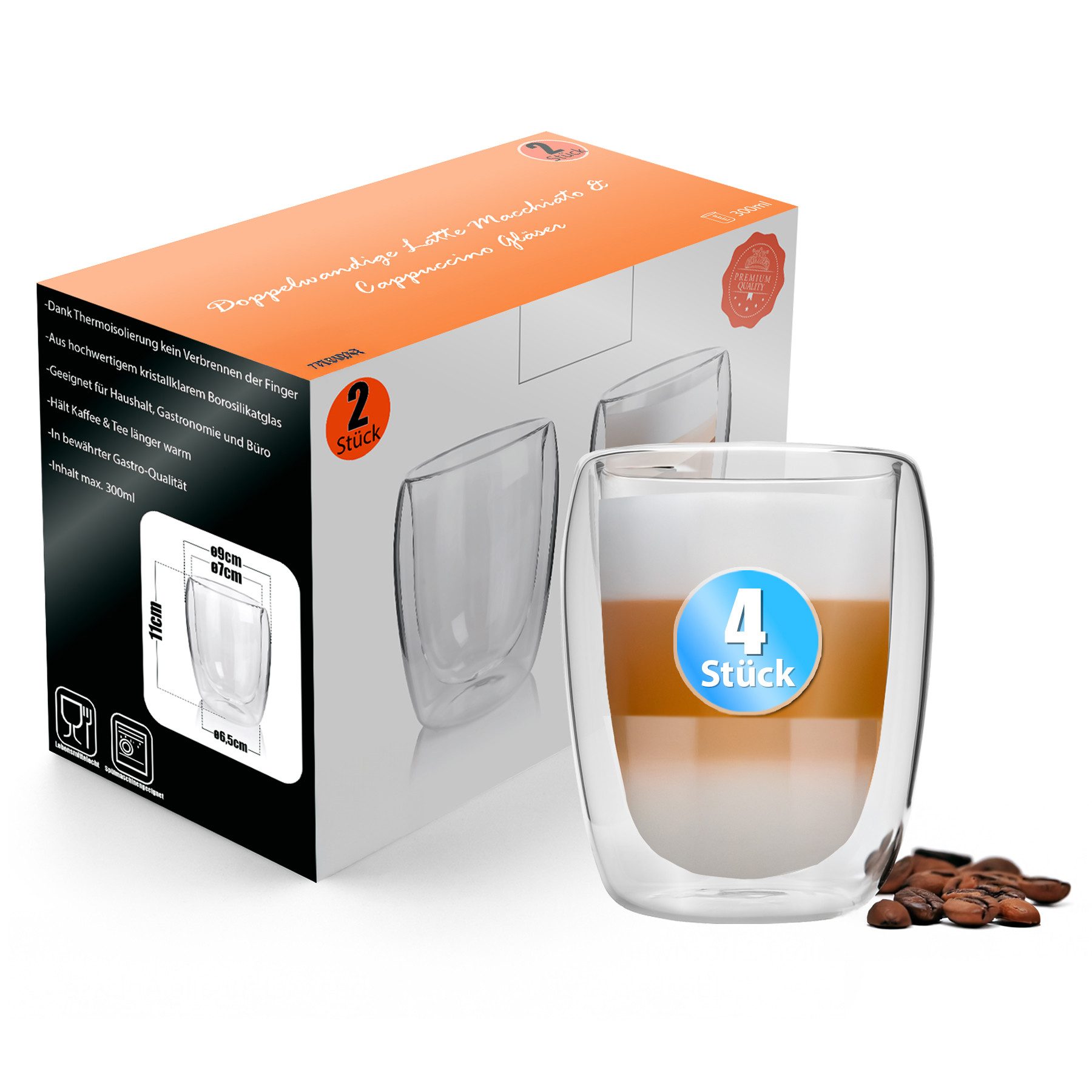 BigDean Latte-Macchiato-Glas 4 Stück doppelwandige Latte Macchiato Gläser 300 ml, 4-tlg., Glas, Borosilikat Glas, Spülmaschinen Fest, Lebensmittelecht.