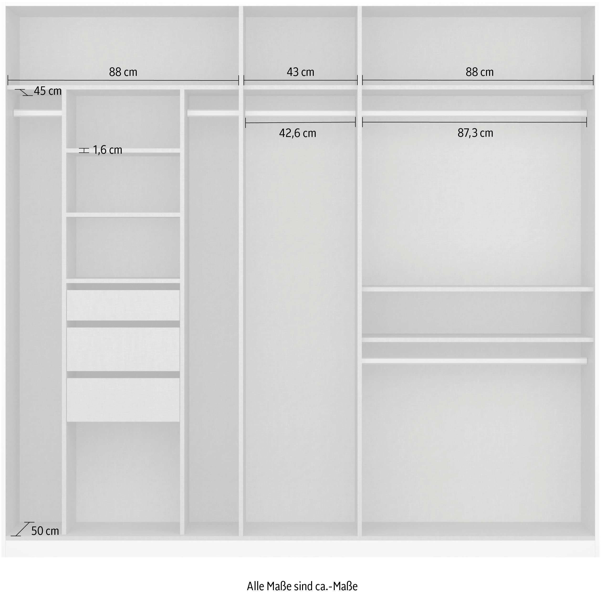 Drehtürenschrank zusätzl. Graumetallic/Hochglanz auch Einteilung 3 Effektgrau rauch Schubladen, Oteli Spiegel Böden, inkl. mit mit