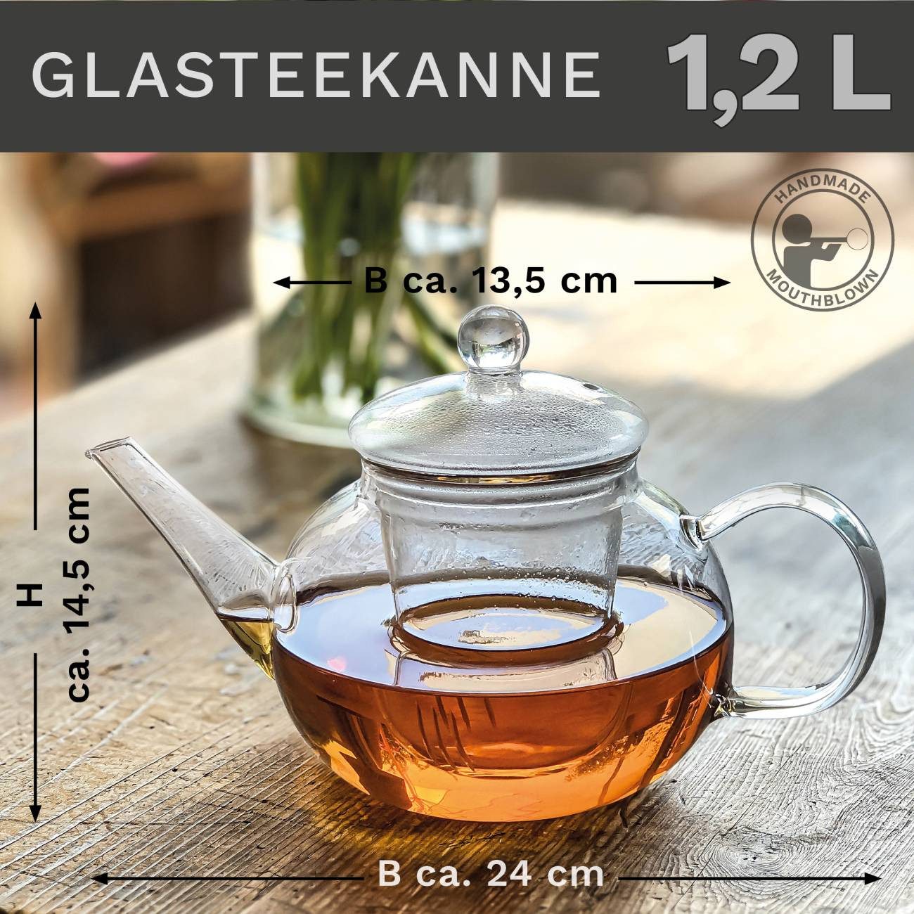 Creano Teekanne Teekanne 1,2 Liter mit Glassieb und Glasdeckel, 1.2 l, 1x Glasteekanne mit Glassieb
