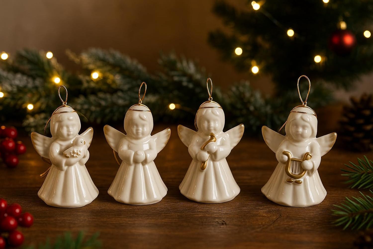 hausleben Engelfigur Porzellan Glockenengel Anhänger Set (8 St), in Weiß Gold, Ideal für Adventszeit, Winterdekoration