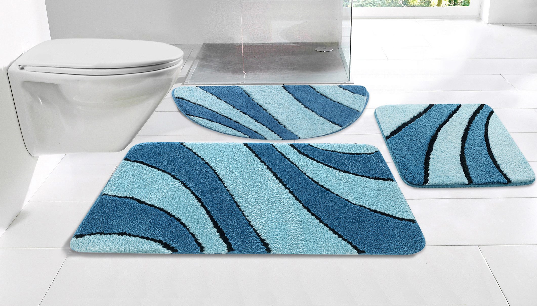 OTTO home Badematte Anna, Badvorleger, Badezimmer Teppich, Höhe 16 mm, rutschhemmend beschichtet, schnell trocknend, fußbodenheizungsgeeignet, Polyester, rechteckig, 3tlg Set Hänge WC, Badteppich, Hoch Tief Effekt, Modern, Weich, Wellen