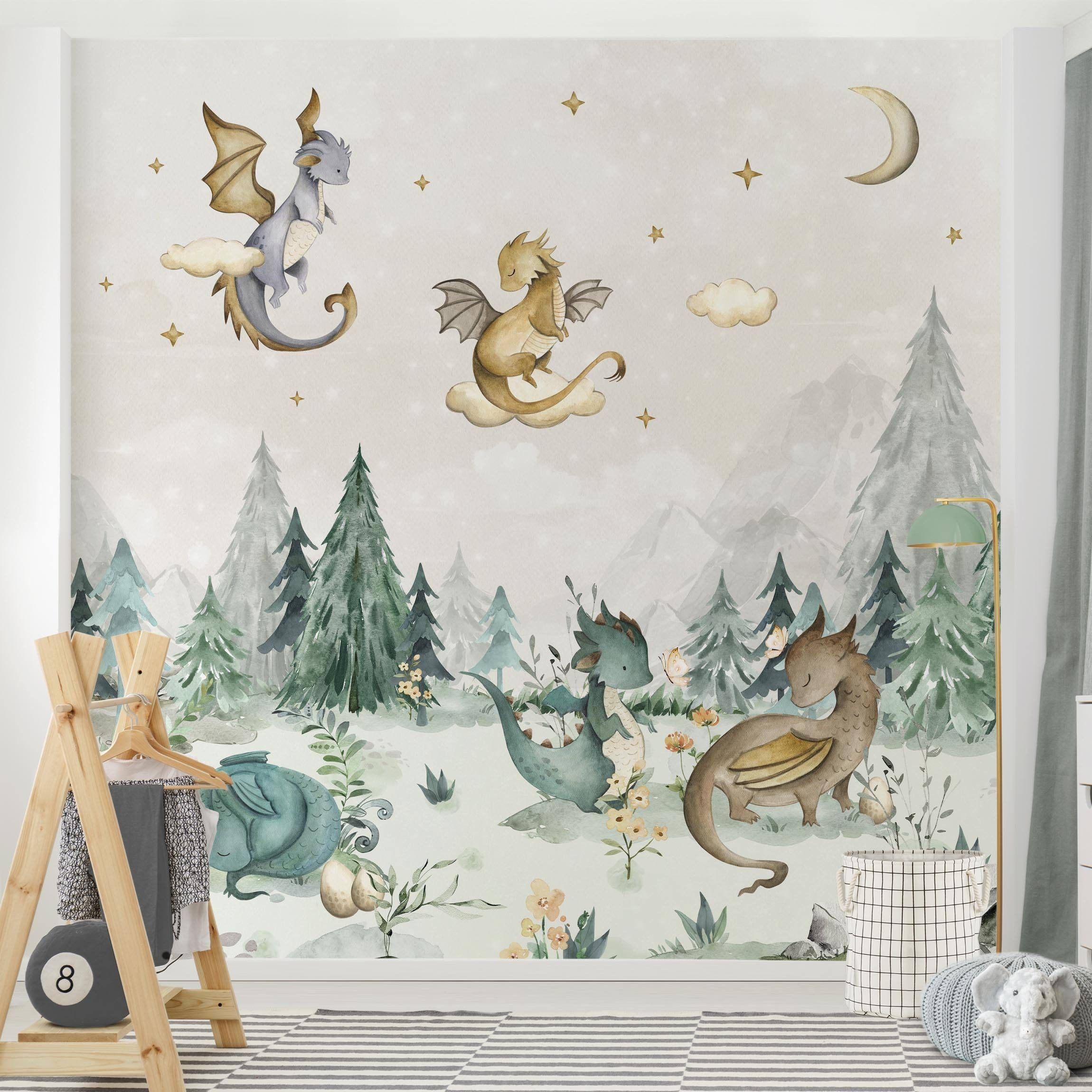 Bilderdepot24 Kindertapete Drachen Aquarell Wald Illustration Kinder Natur günstig online kaufen