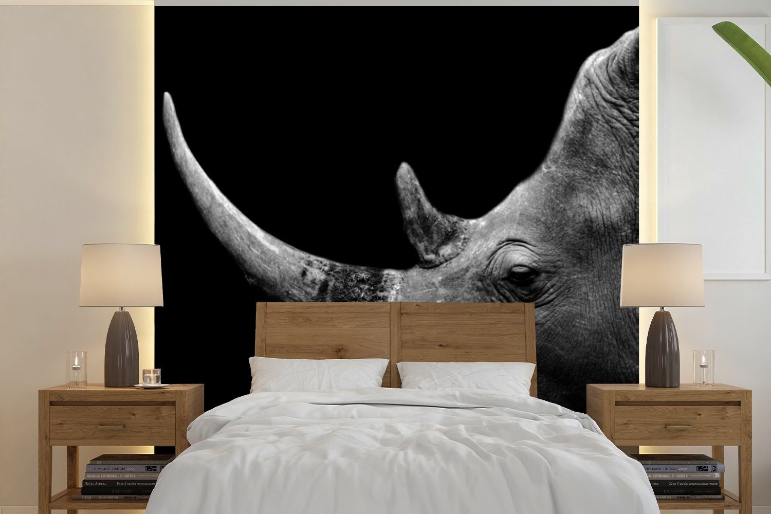 MuchoWow Fototapete Nashorn - Tiere - Schwarz - Weiß - Porträt, Matt, bedruckt, (4 St), Vliestapete für Wohnzimmer Schlafzimmer Küche, Fototapete