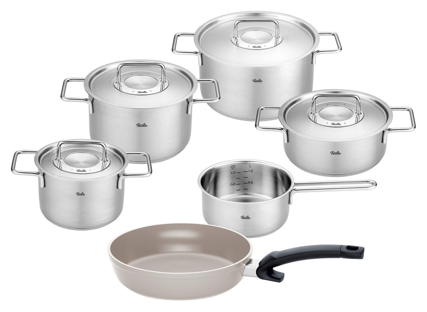 Fissler Topf-Set PURE COLLECTION, 6-teilig, mit Deckel, Edelstahl 18/10, Bratpfanne aus Aluminium mit Kunststoffgriff, Made in Germany