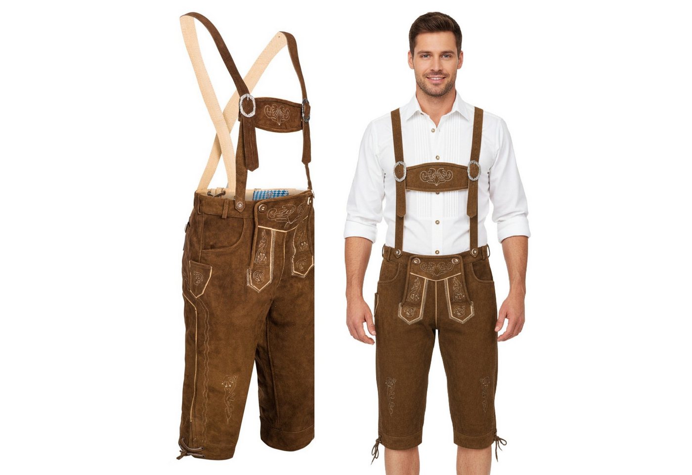 Spirit of Bavaria Trachtenlederhose aus 100% Echtleder I Lederhose Herren mit Träger I Tracht Hose Männer (I Traditionelle Trachtenlederhose für Herren, I Kniebund Oktoberfest Outfit Trachtenhose 506)