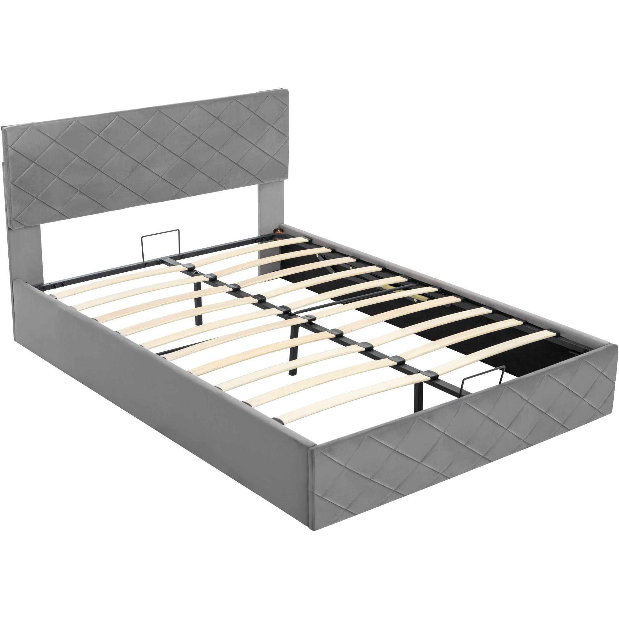 Boxspringbett, Hydraulisches Funktionsbett Polsterbett mit Lattenrost und Bettkasten 140x200cm Doppelbett, Grau Samtbezug, Lattenrost aus Holz