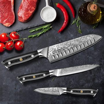 KingLux Messer-Set 3er Damastmesser Set Küchenmesser Damaststahl Chefmesser (3-tlg)