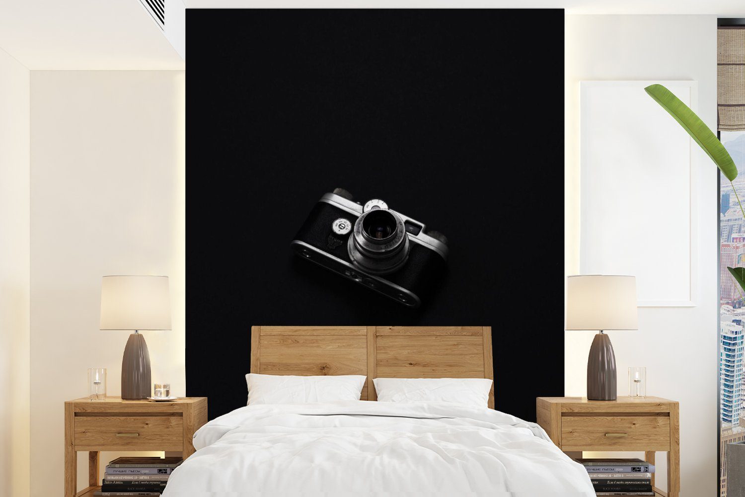 MuchoWow Fototapete Schwarz - Kamera - Design - Weiß, Matt, bedruckt, (4 St), Montagefertig Vinyl Tapete für Wohnzimmer, Wandtapete