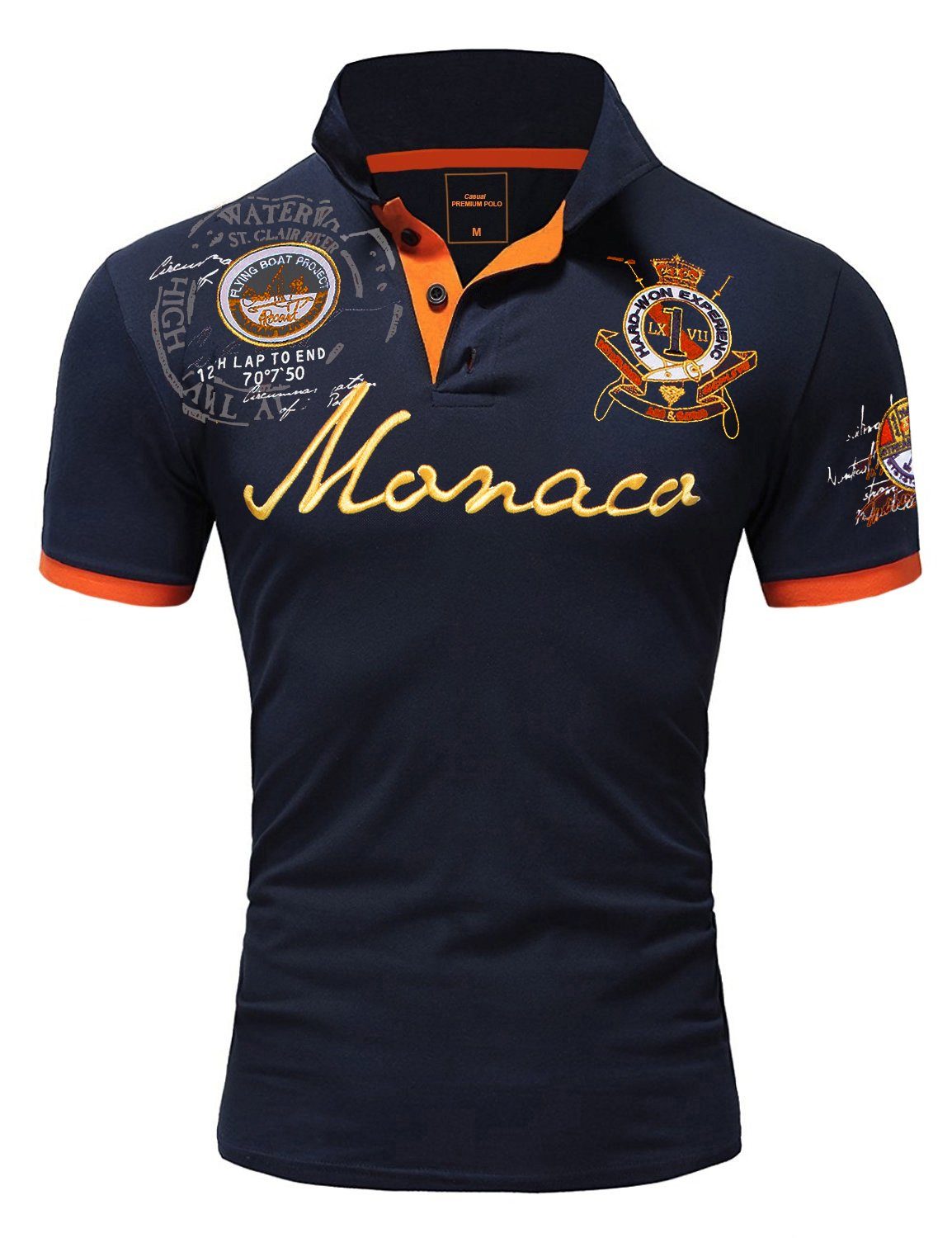 Monaco 2.0 Poloshirt Stickerei Amaci&Sons Stickerei Poloshirt T-Shirt Kontrast Monaco mit Herren Navyblau Basic Polohemd Kurzarm