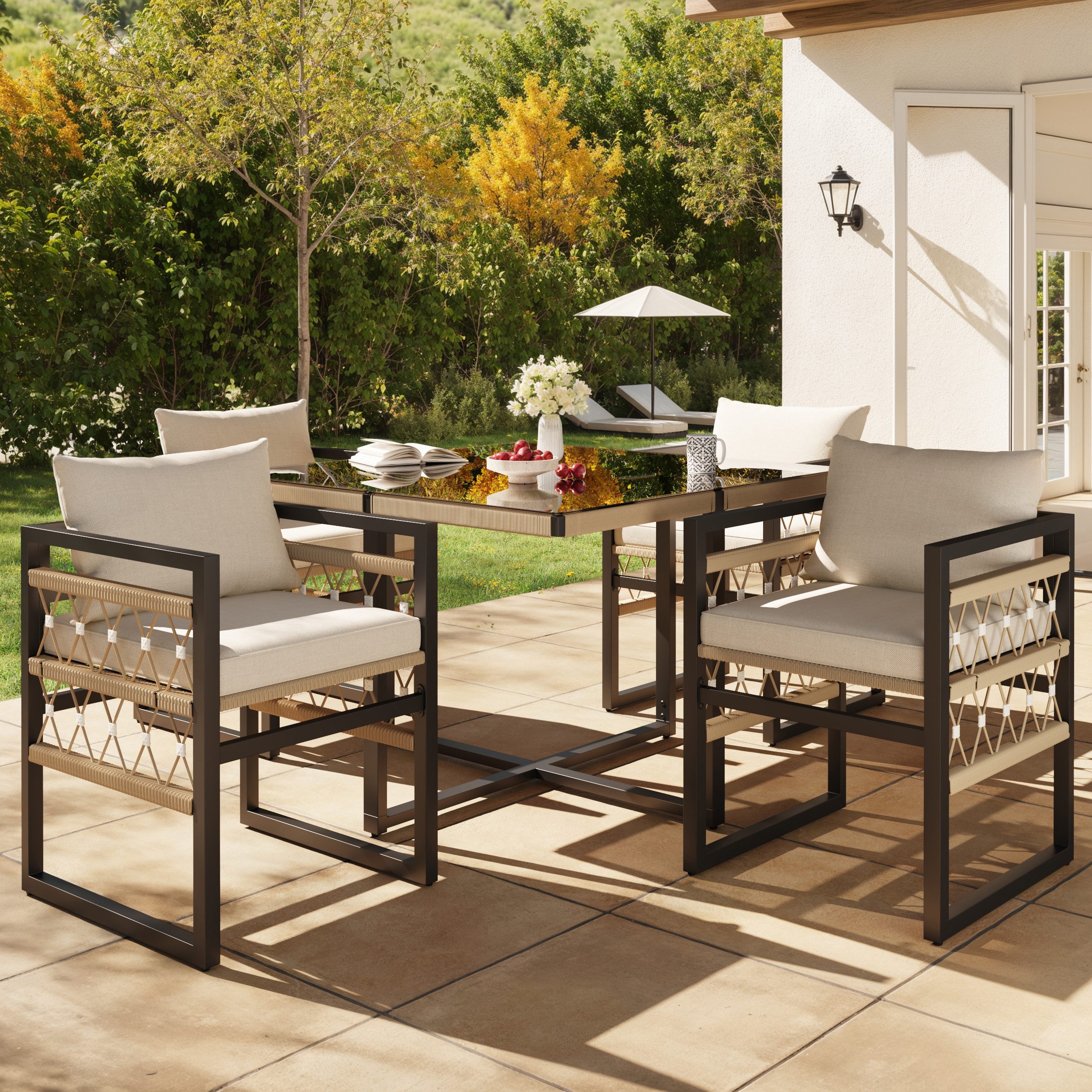 Merax Garten-Essgruppe mit Metallrahmen, Gartenmöbel Set, (5-tlg), Handgeflochtenes Gartenmöbel Gartensofa-Set mit Glastisch & 4 Sesseln