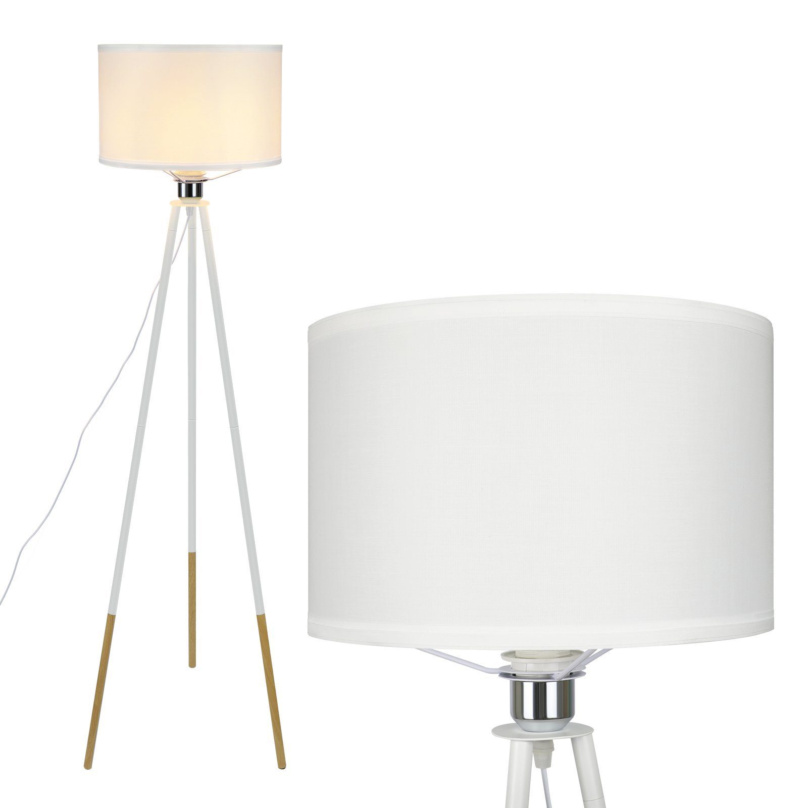 ZMH LED Stehlampe Wohnzimmer Modern Mit Holz - E27 Standleuchte Landhausstil Weiß, Einfache Montage, ohne Leuchtmittel, Dreibein, 130.5cm