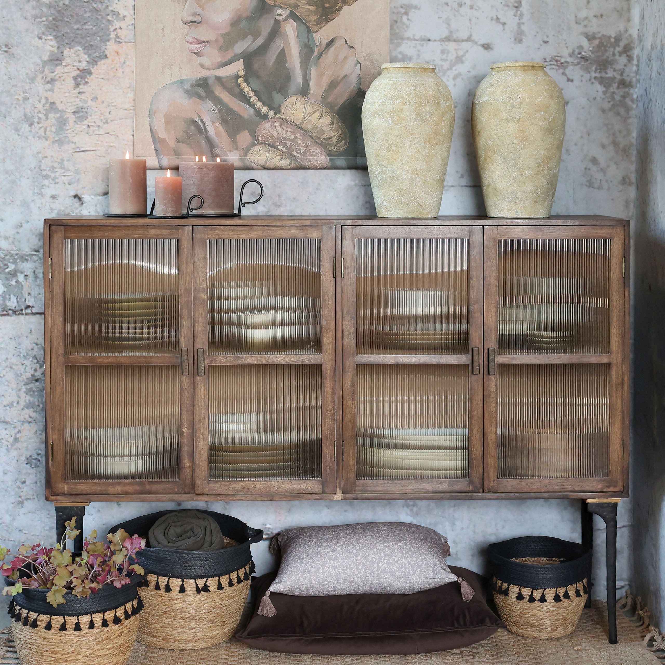 Chic Antique Vitrine Vintage Sideboard Antoine Holz Metall gerippte Front