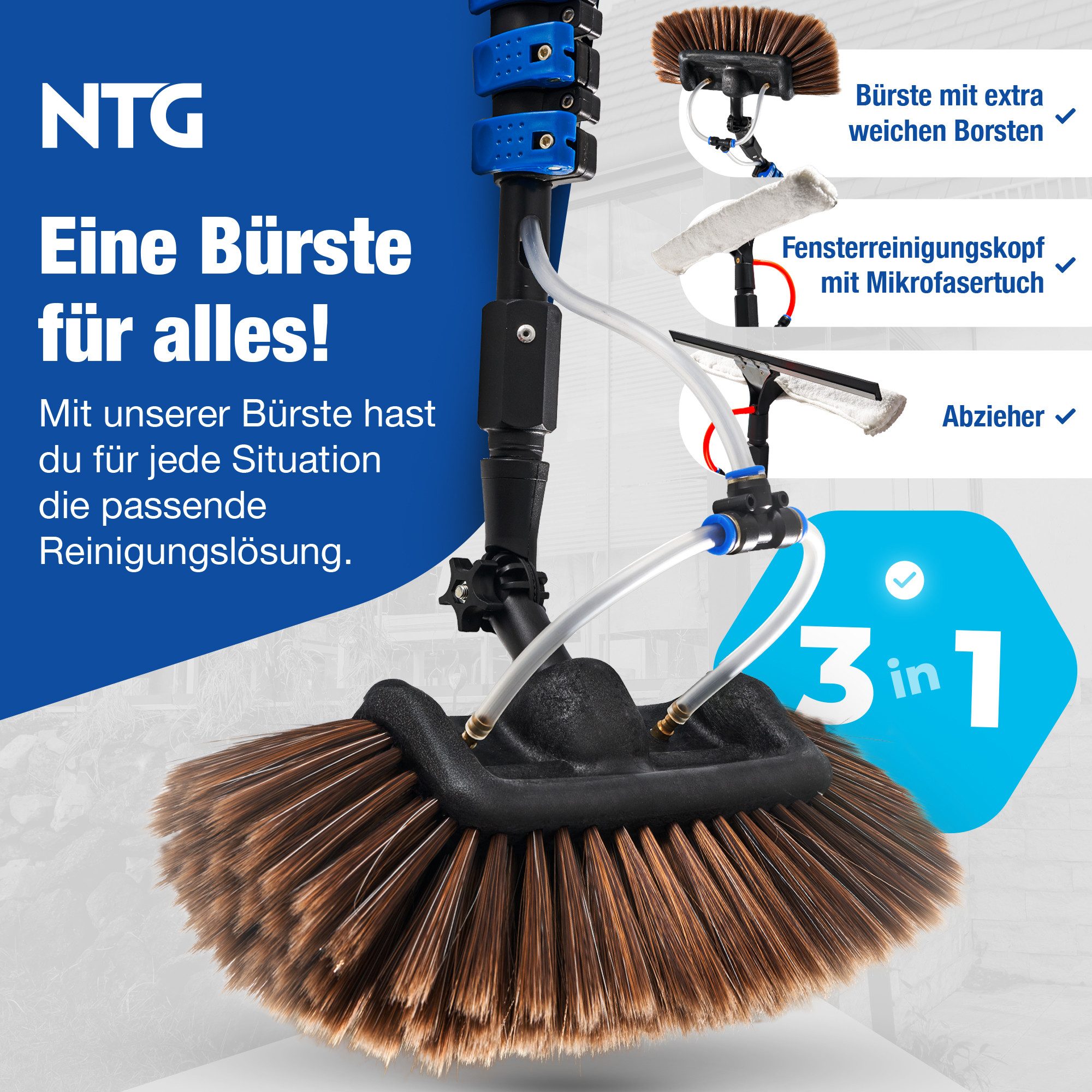 NTG Nutzfahrzeug Technik GmbH Reinigungsbürste Teleskopwaschbürste 3,6m, 4,6m, 7m +Mikrofasertuch & Abzieher, extra weiche Borsten