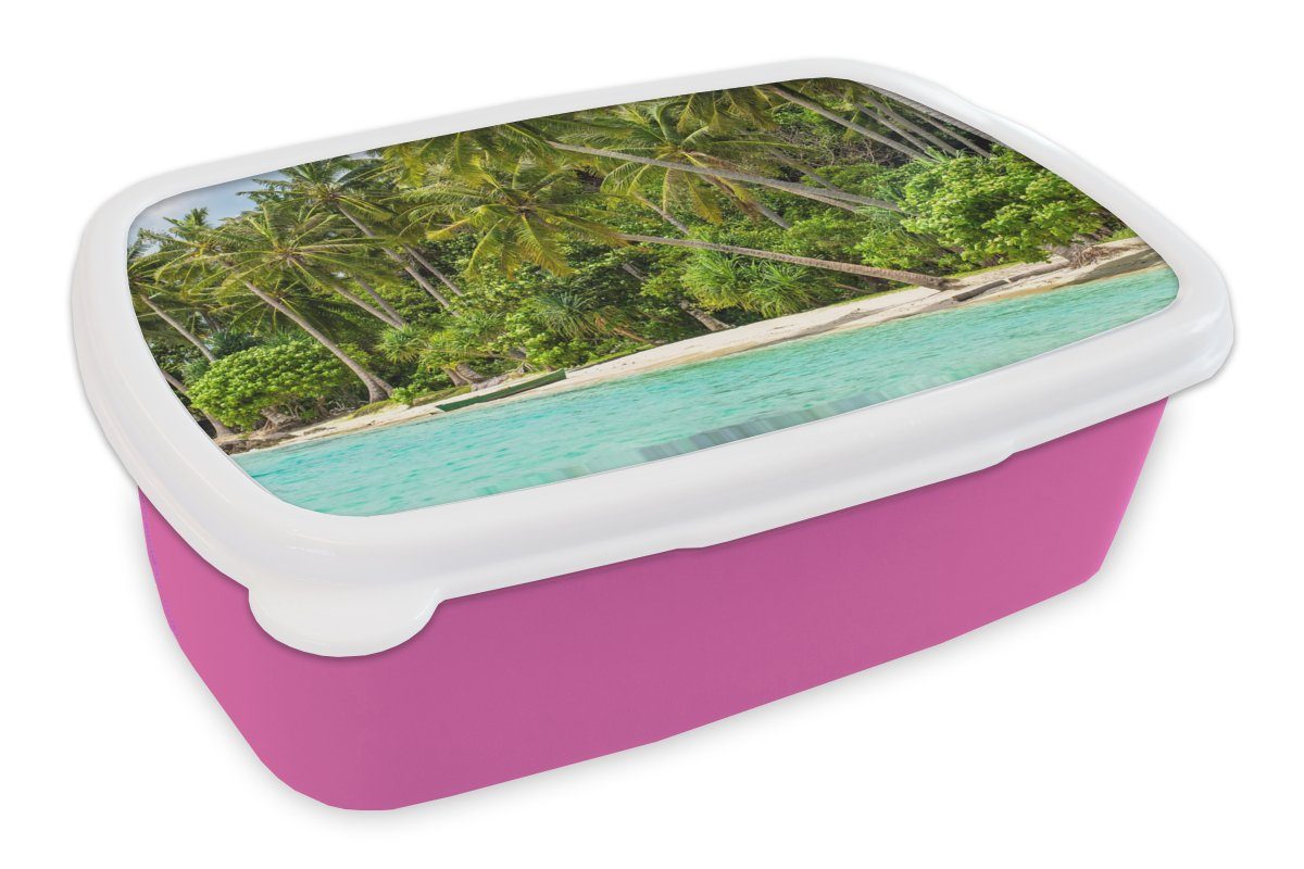 MuchoWow Lunchbox Palme - Meer - Tropisch, Kunststoff, (2-tlg), Brotbox für Erwachsene, Brotdose Kinder, Snackbox, Mädchen, Kunststoff rosa
