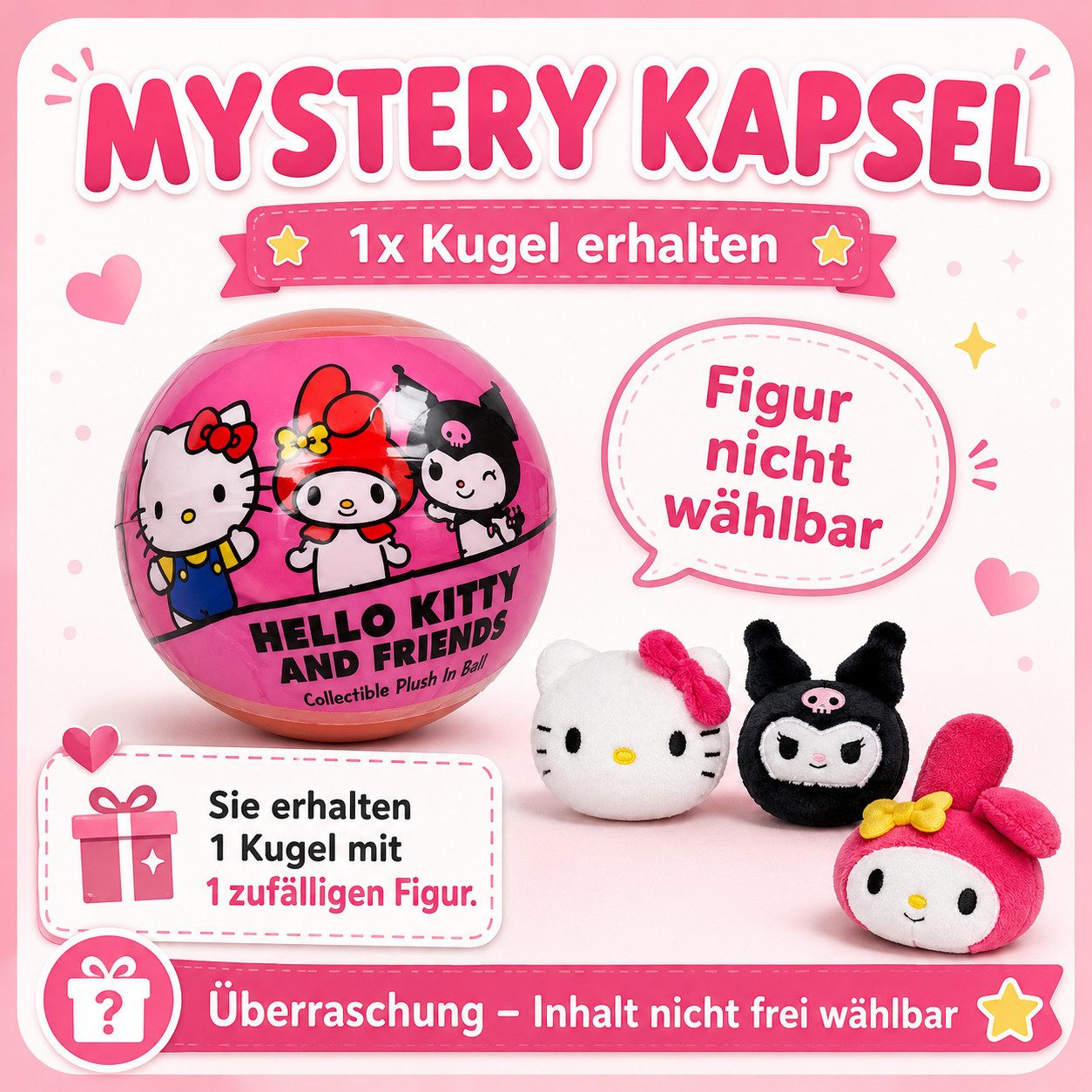 SANRIO Spielfigur Hello Kitty and Friends Mystery Kapsel Plüschfigur zufällig Figur, (Spar-Set, 1-tlg), Überraschungskugel mit weicher Sammelfigur, nicht wählbar