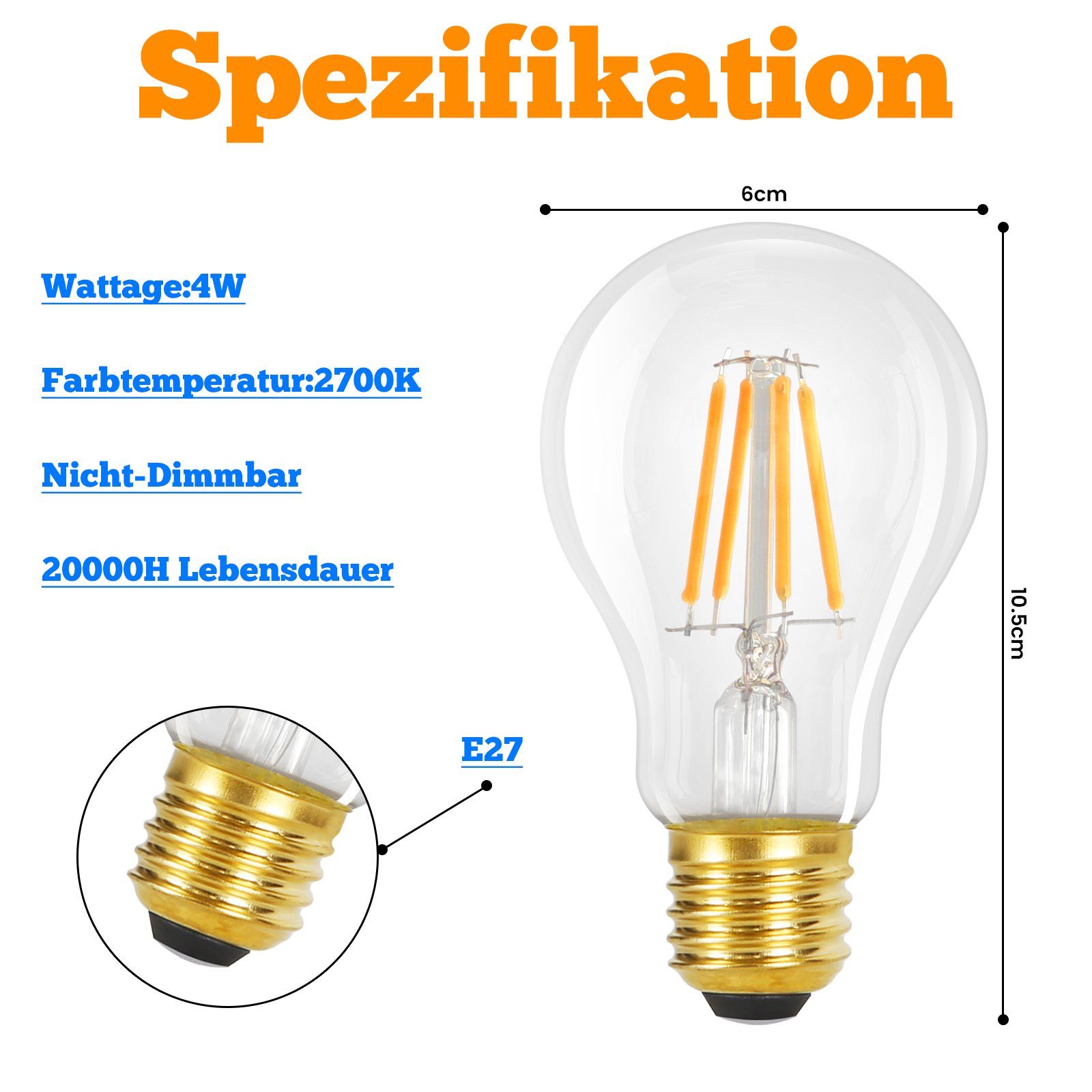 Nettlife LED-Leuchtmittel Lampe Leuchtmittel E27, Edison E27 4W St., Vintage Glühlampe, Glühbirne: A60 3 Warmweiss