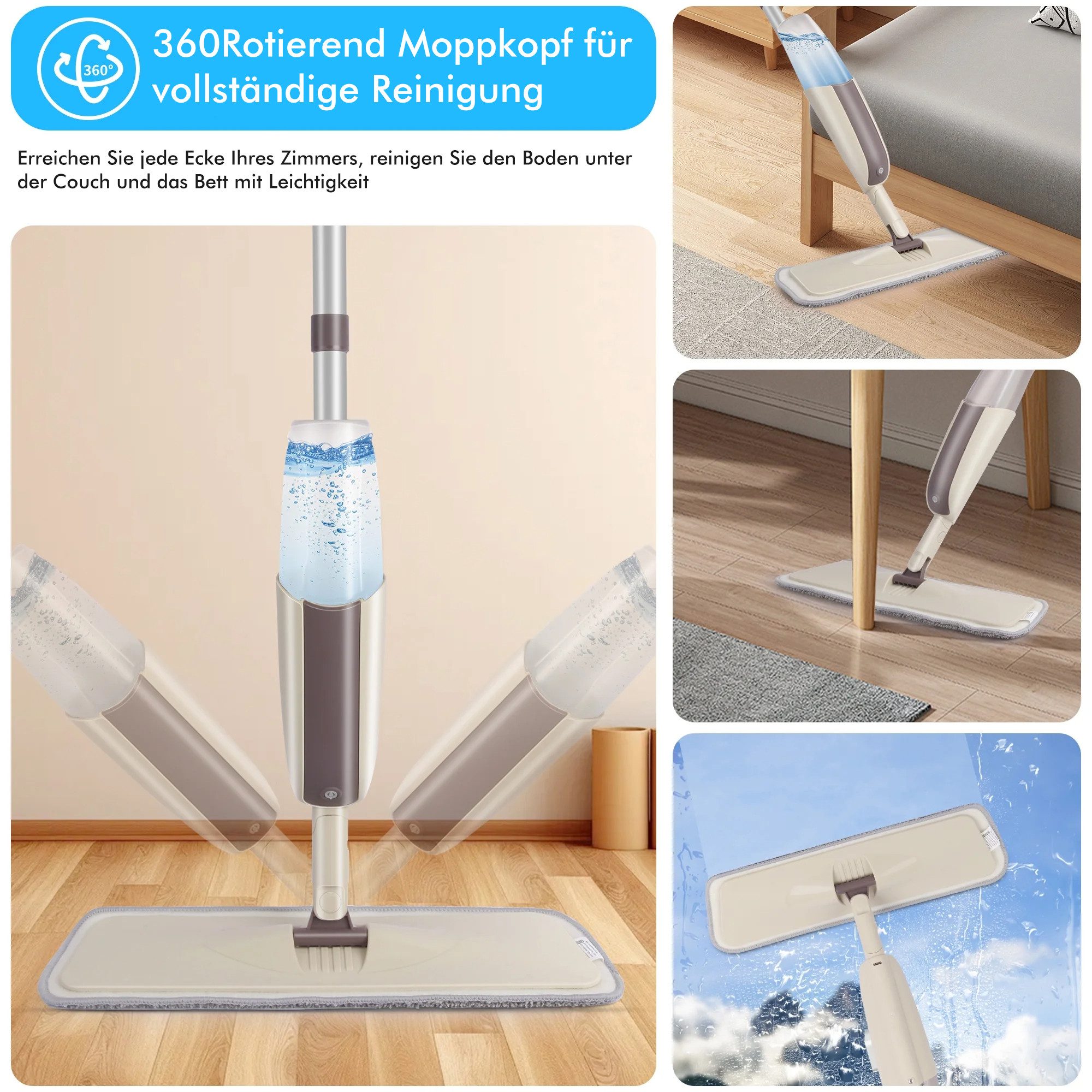 HUGERSTONE Sprühwischer Nasswischer Bodenwischer, Wischmopp mit Sprühfunktion (mit 3 Waschbaren Mikrofaser Pads für alle Böden) 360 Grad Rotierender Wischmopp Spray Mop