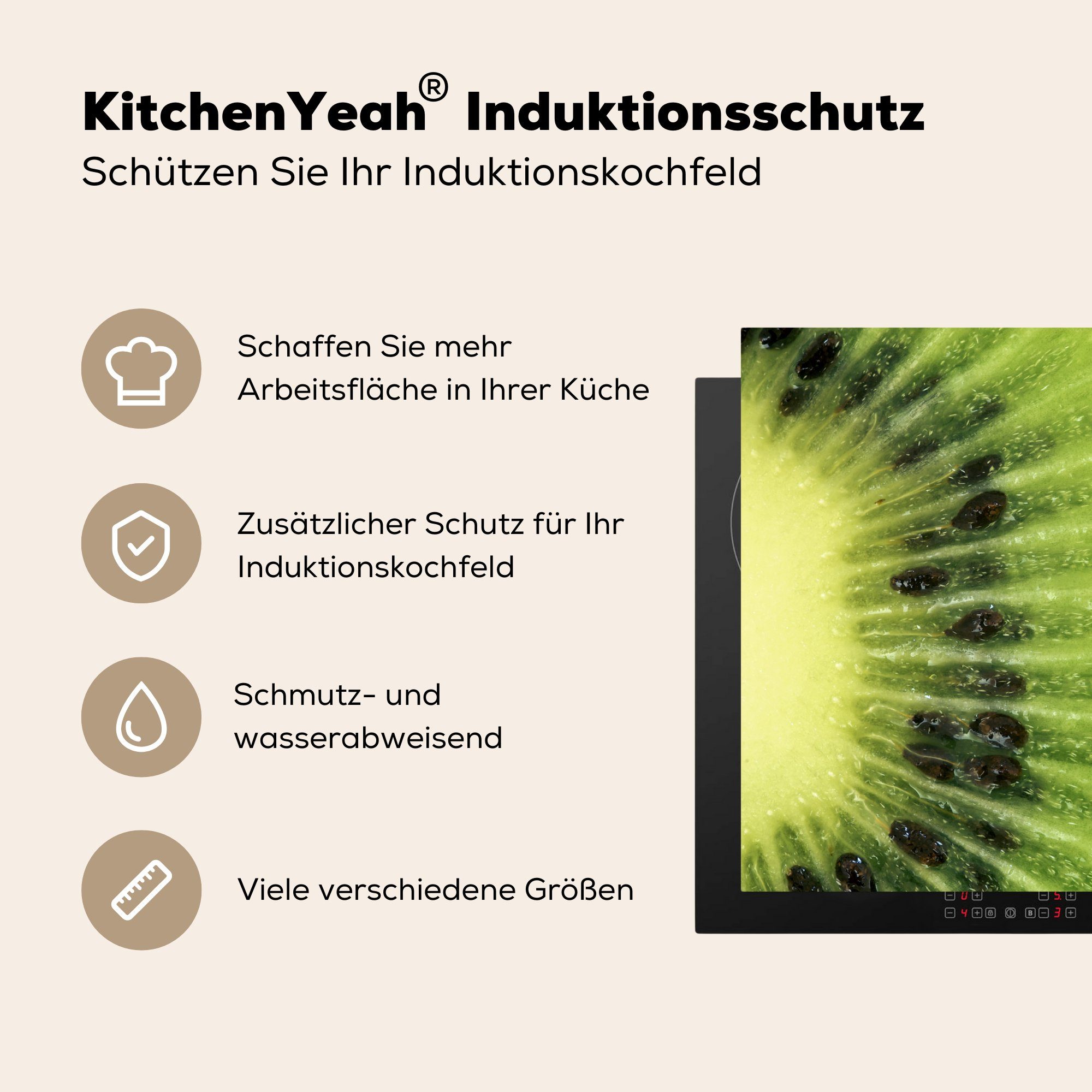 Obst, tlg), Arbeitsfläche 70x52 nutzbar, Herdblende-/Abdeckplatte MuchoWow Mobile Ceranfeldabdeckung cm, - Vinyl, Kiwi (1 Kerne -