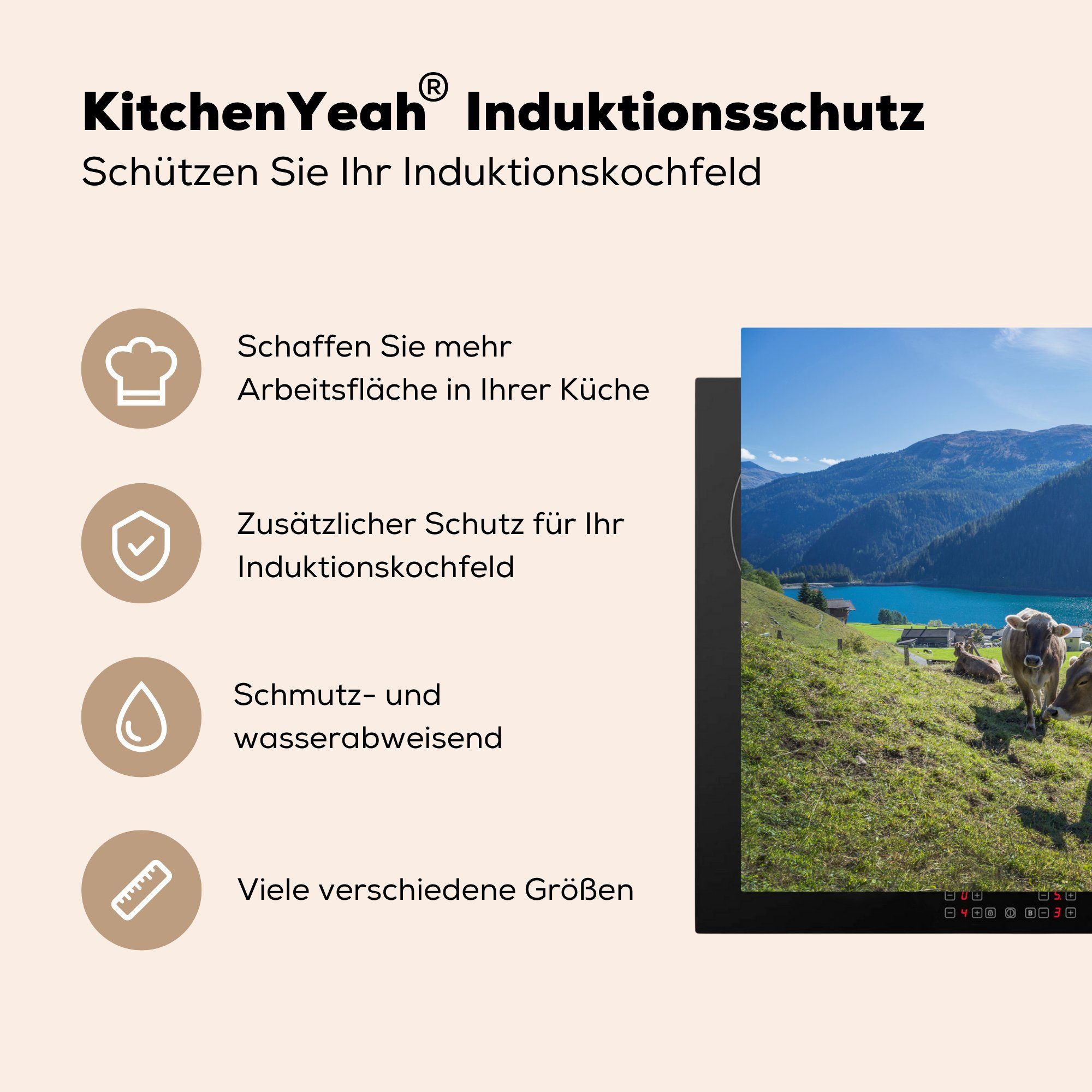 küche, 81x52 - - cm, tlg), MuchoWow Induktionskochfeld Alpen, Wasser Vinyl, Ceranfeldabdeckung (1 Schutz die Herdblende-/Abdeckplatte für Kühe