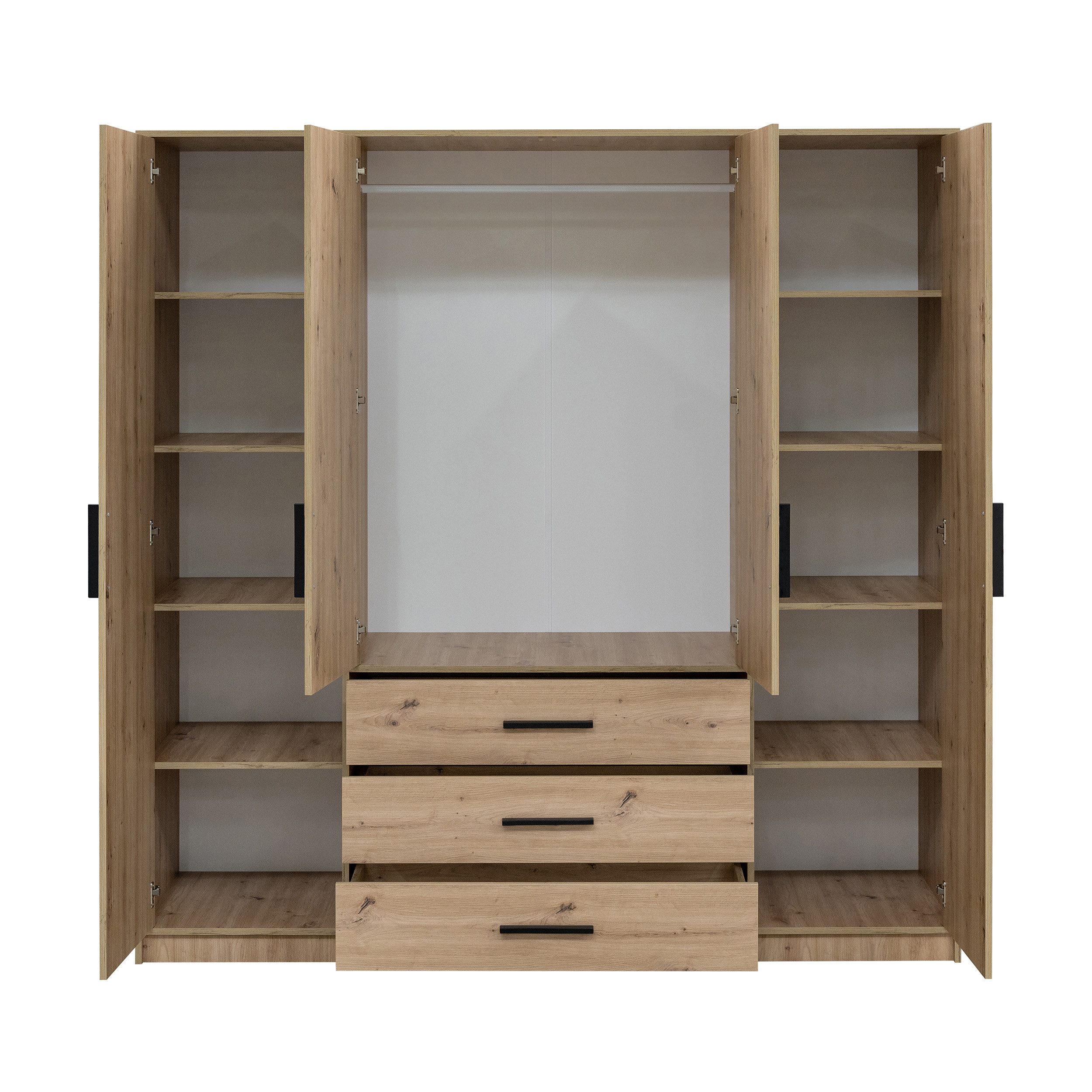 Beautysofa Drehtürenschrank KAVO mit Spiegel, 4 Türen und 3 Schubladen (Eiche Artisan, optional mit Aufsatz) Breite: 200 cm
