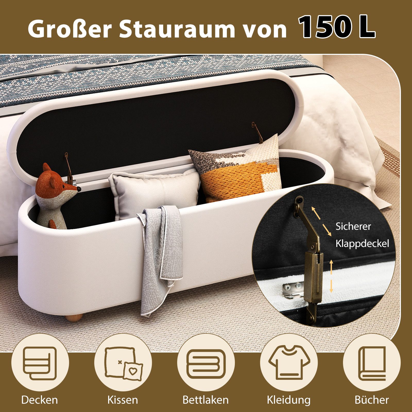 COSTWAY Truhenbank, Sitzbank mit mit Klappdeckel, 150L, gepolstert 139cm