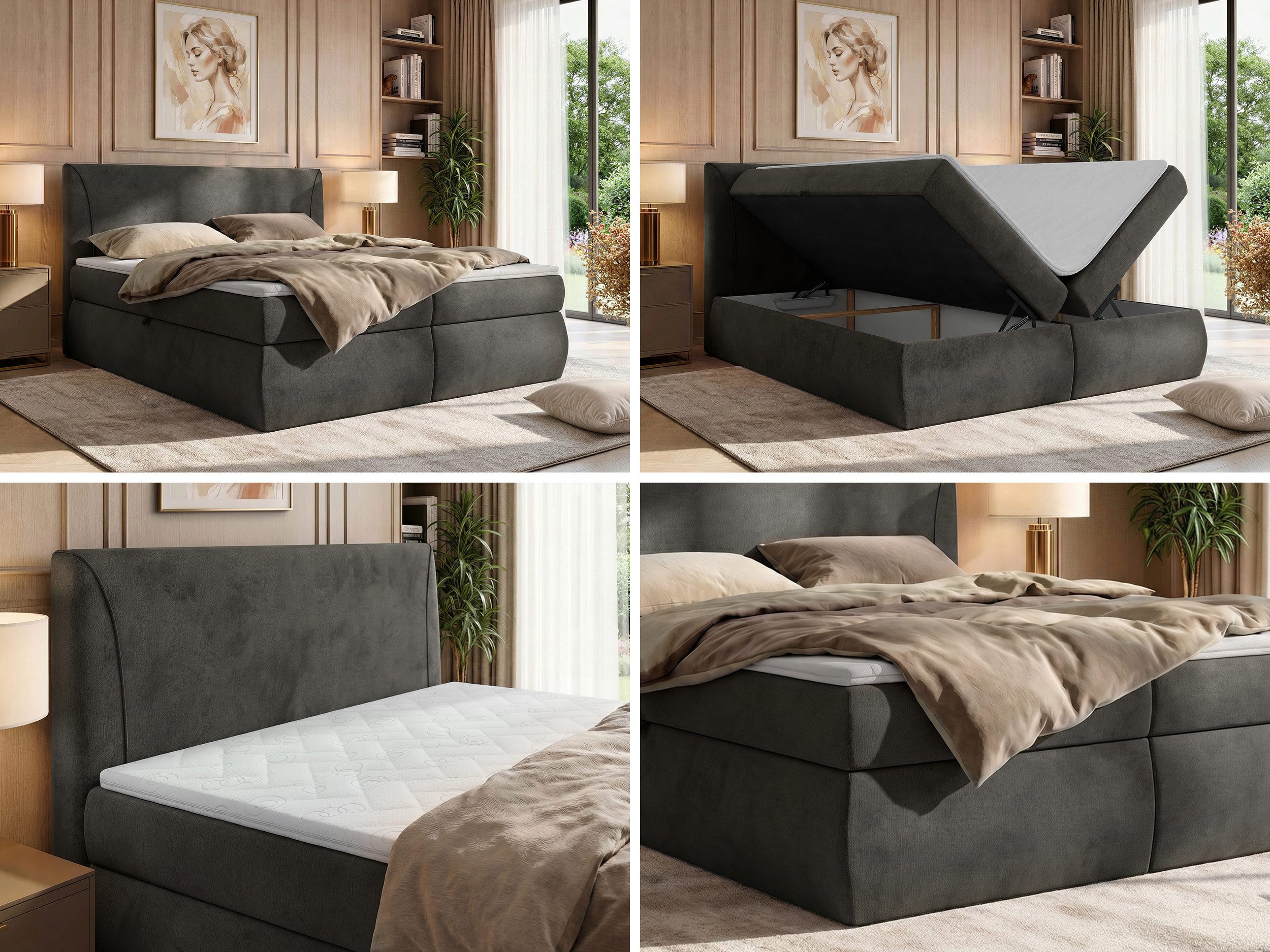 MKS MÖBEL Boxspringbett TARENZA (Set, Doppelbett, Gepolstertes Kopfteil, Schaum Topper), inkl. Bettkasten und Topper, Bonell-Federn