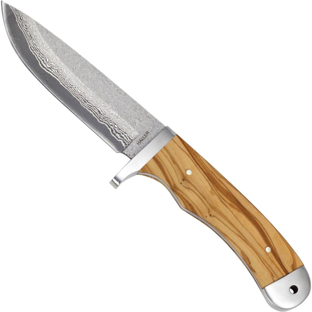 Haller Messer Universalmesser Damast Outdoormesser Olivenholz mit Lederscheide, rostfrei
