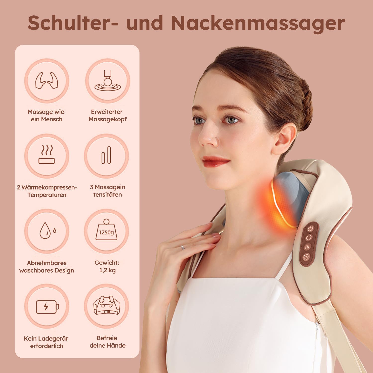MOPUEA Nacken-Massagegerät 4D Shiatsu-Massagegerät Tiefenmassage mit Hand-Simulation, freihändig, 1-tlg.